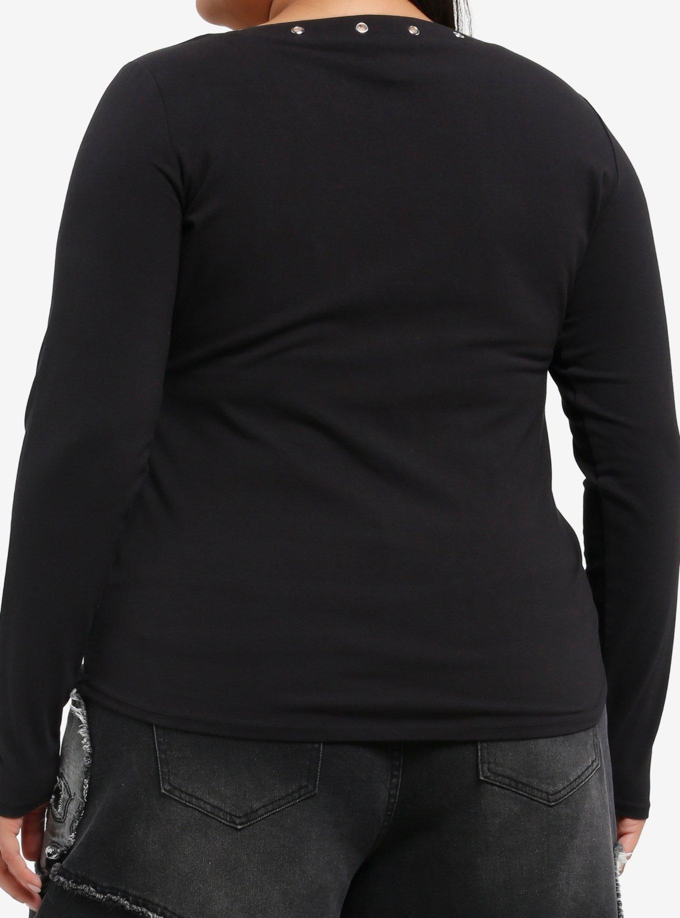 Black Skull Cross Grommet Long-Sleeve Top Plus Size, GREY, alternate