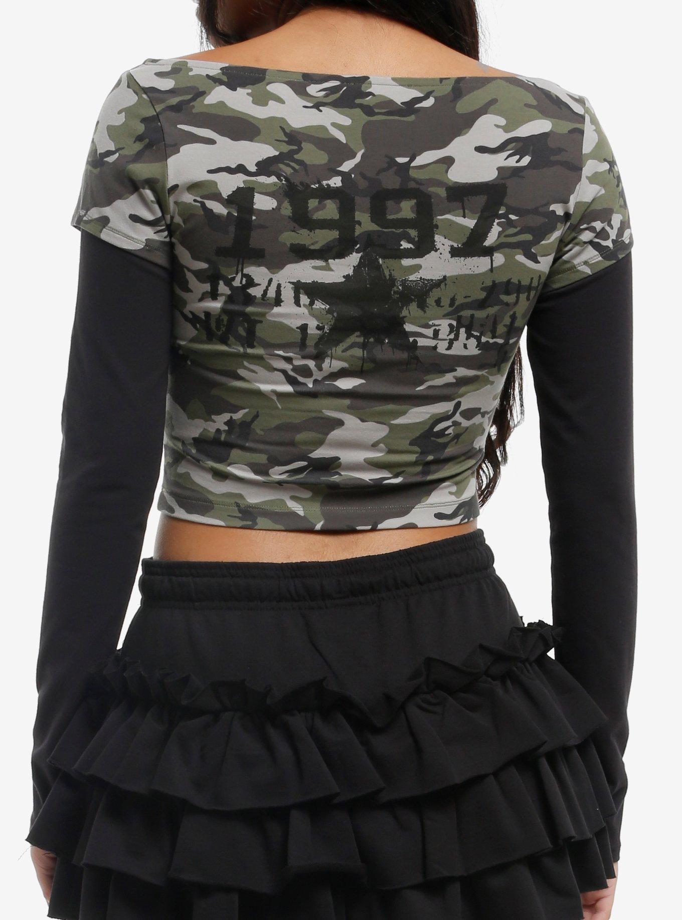 Social Collision Graffiti Skull Camo Girls Long-Sleeve Top, CAMO, alternate