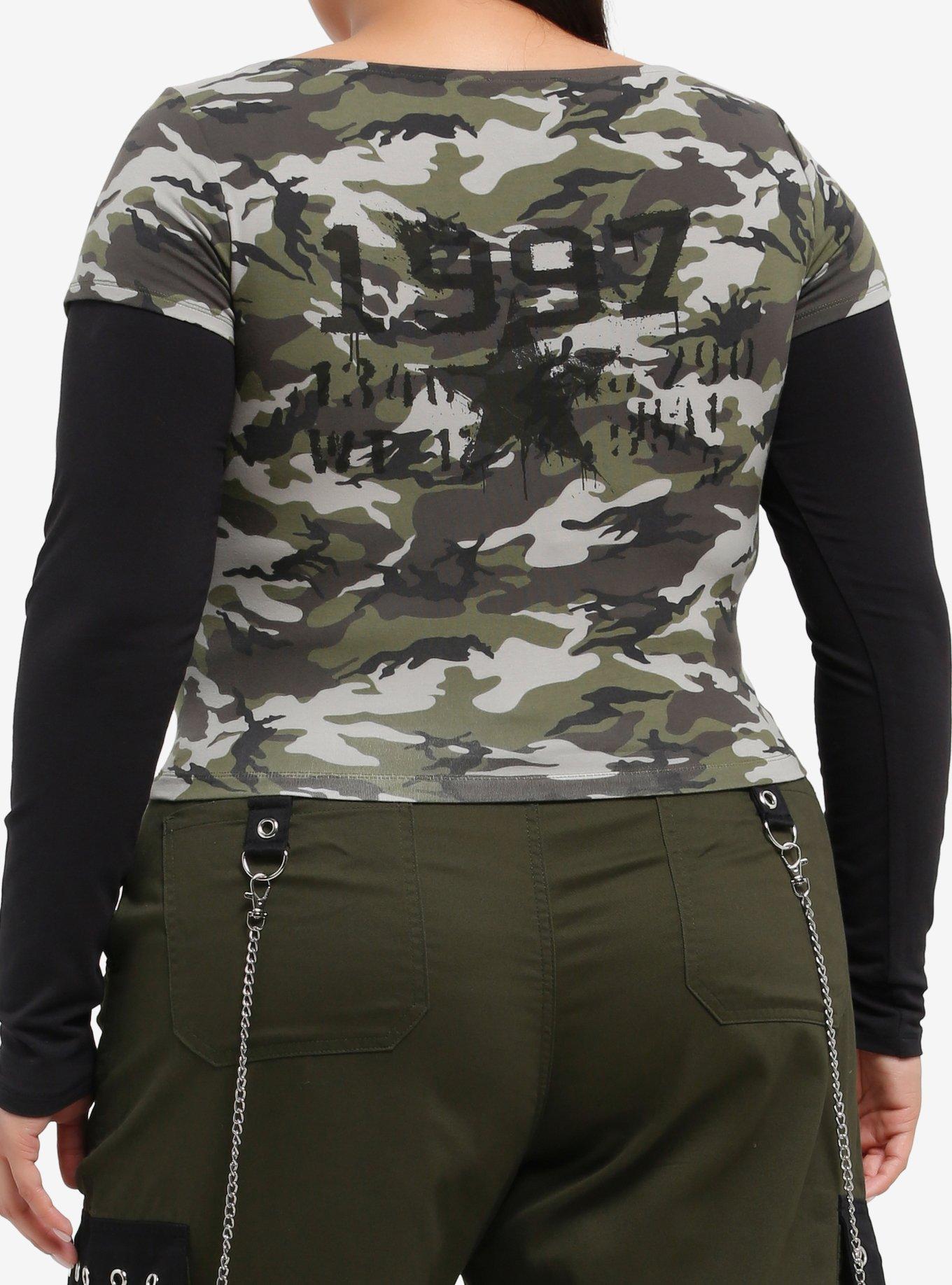 Social Collision Graffiti Skull Camo Girls Long-Sleeve Top Plus Size, CAMO, alternate