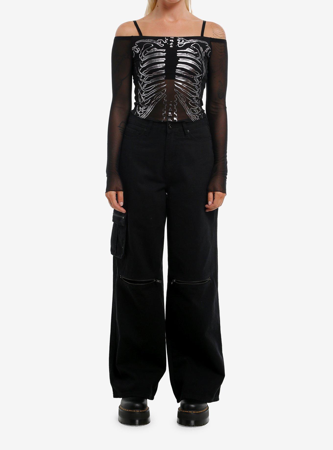 Social Collision Rib Cage Mesh Girls Cold Shoulder Long-Sleeve Top, , hi-res