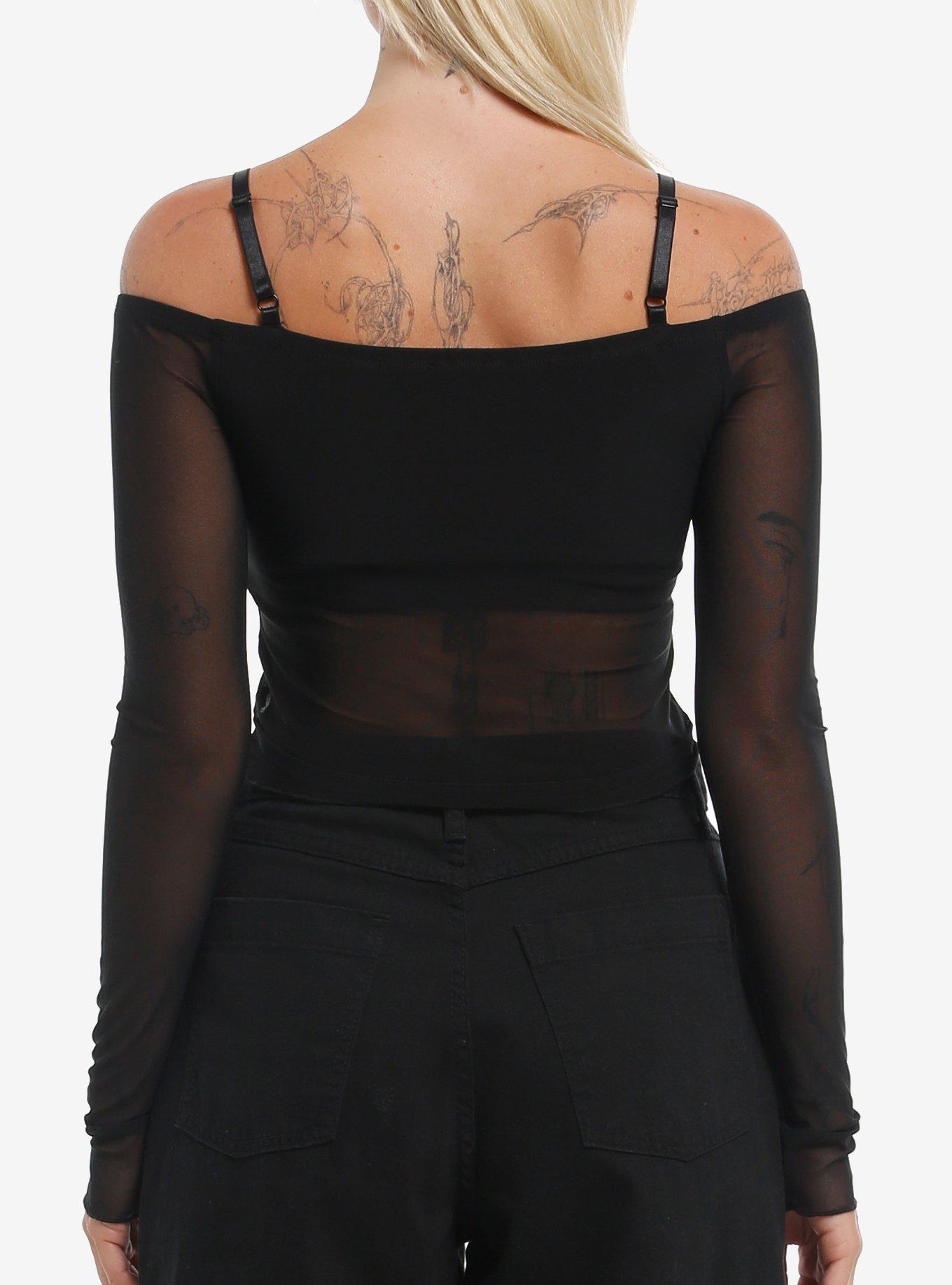 Social Collision Rib Cage Mesh Girls Cold Shoulder Long-Sleeve Top, GREY, alternate