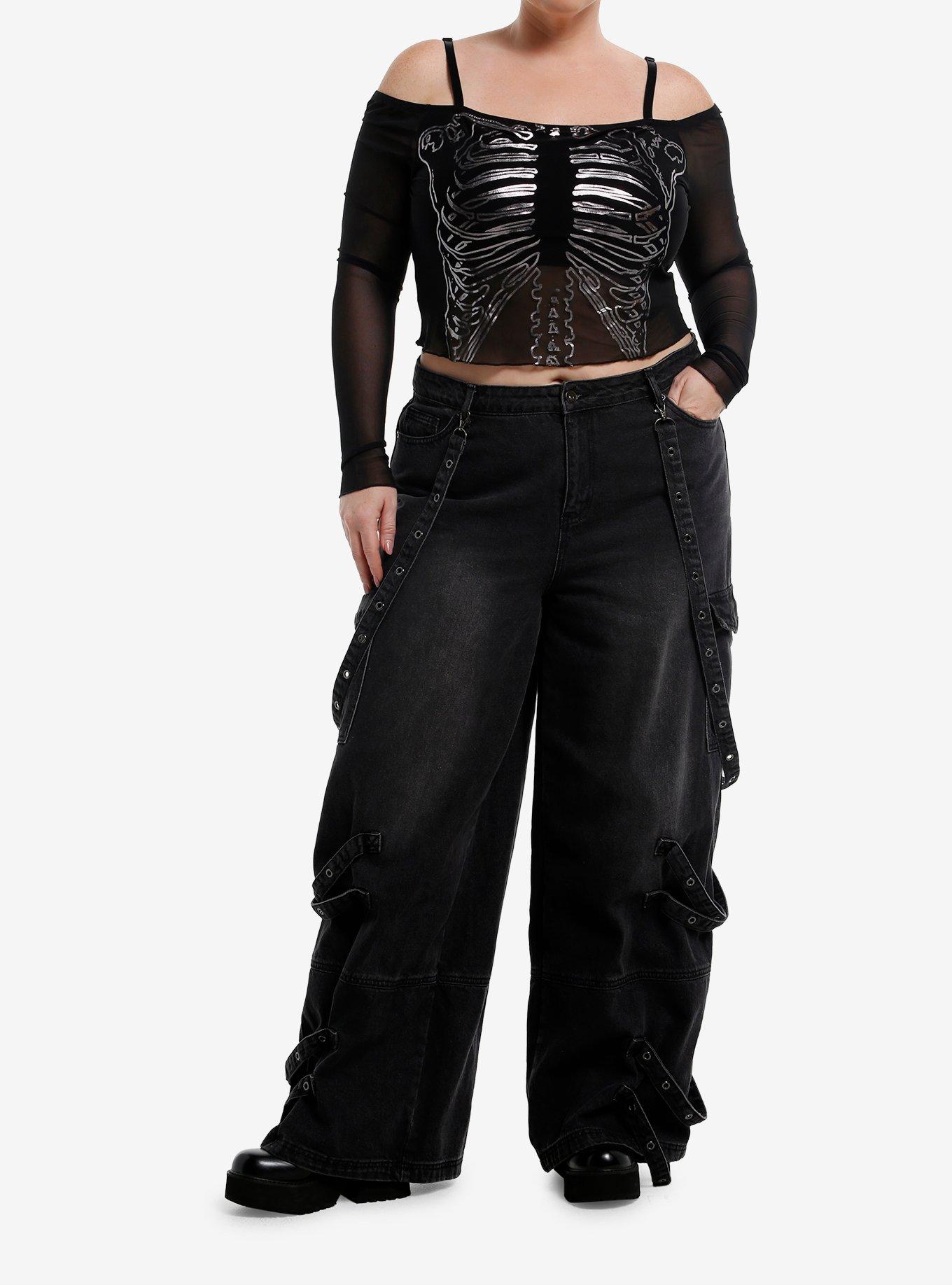 Social Collision Rib Cage Mesh Girls Cold Shoulder Long-Sleeve Top Plus Size, , hi-res