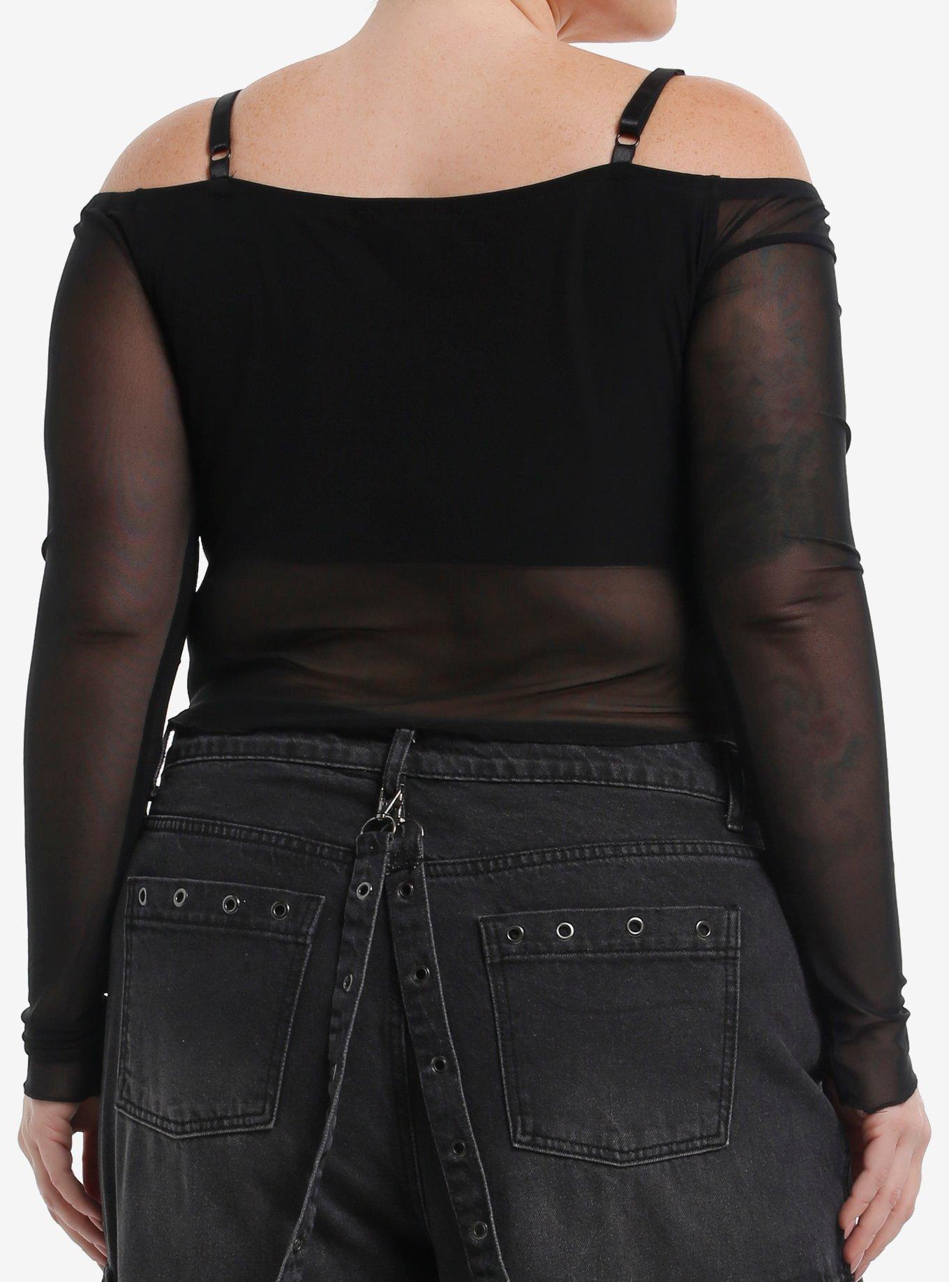 Social Collision Rib Cage Mesh Girls Cold Shoulder Long-Sleeve Top Plus Size, GREY, alternate