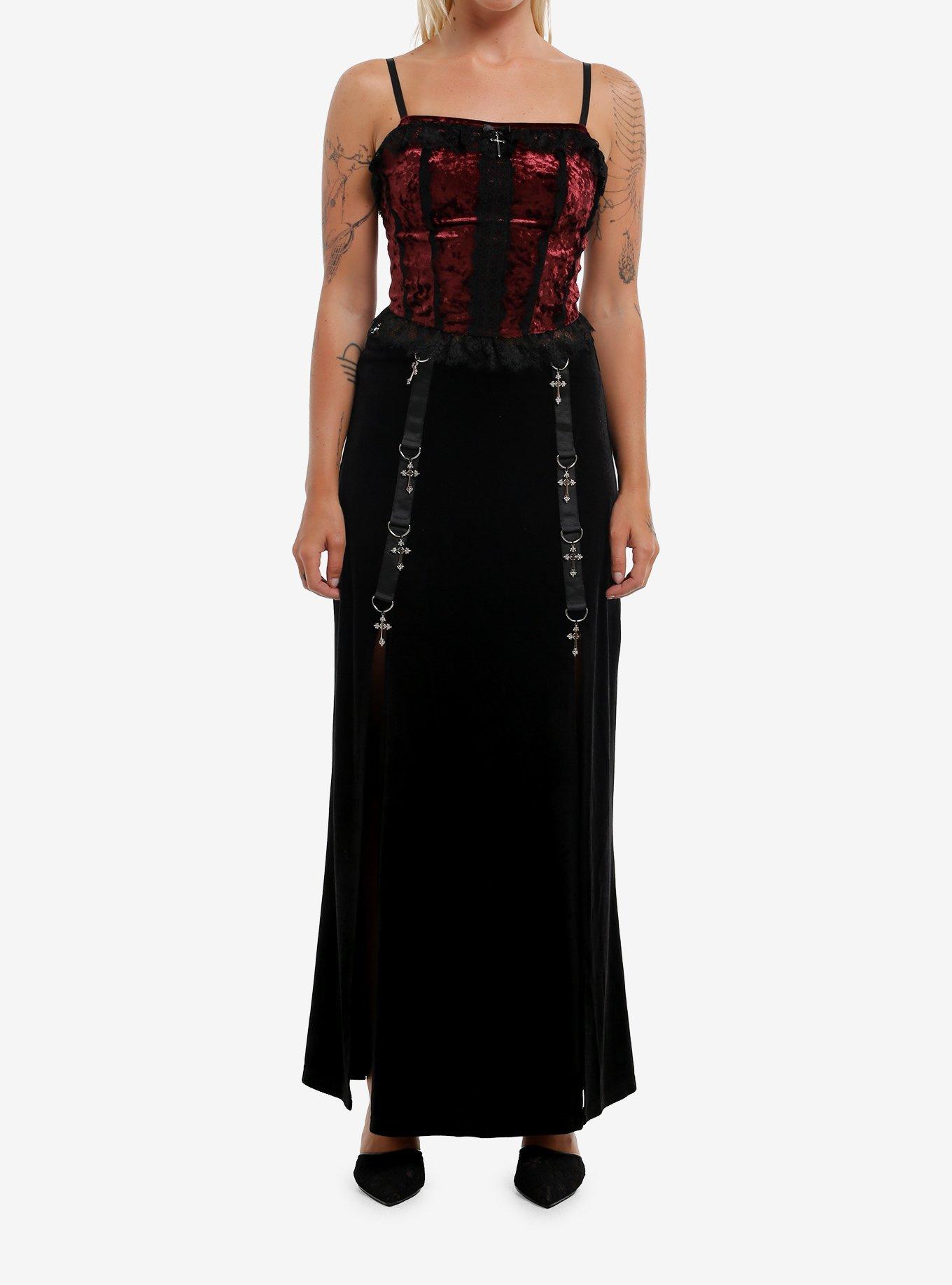 Cosmic Aura Black & Red Velvet Lace Girls Corset Cami Top, , hi-res