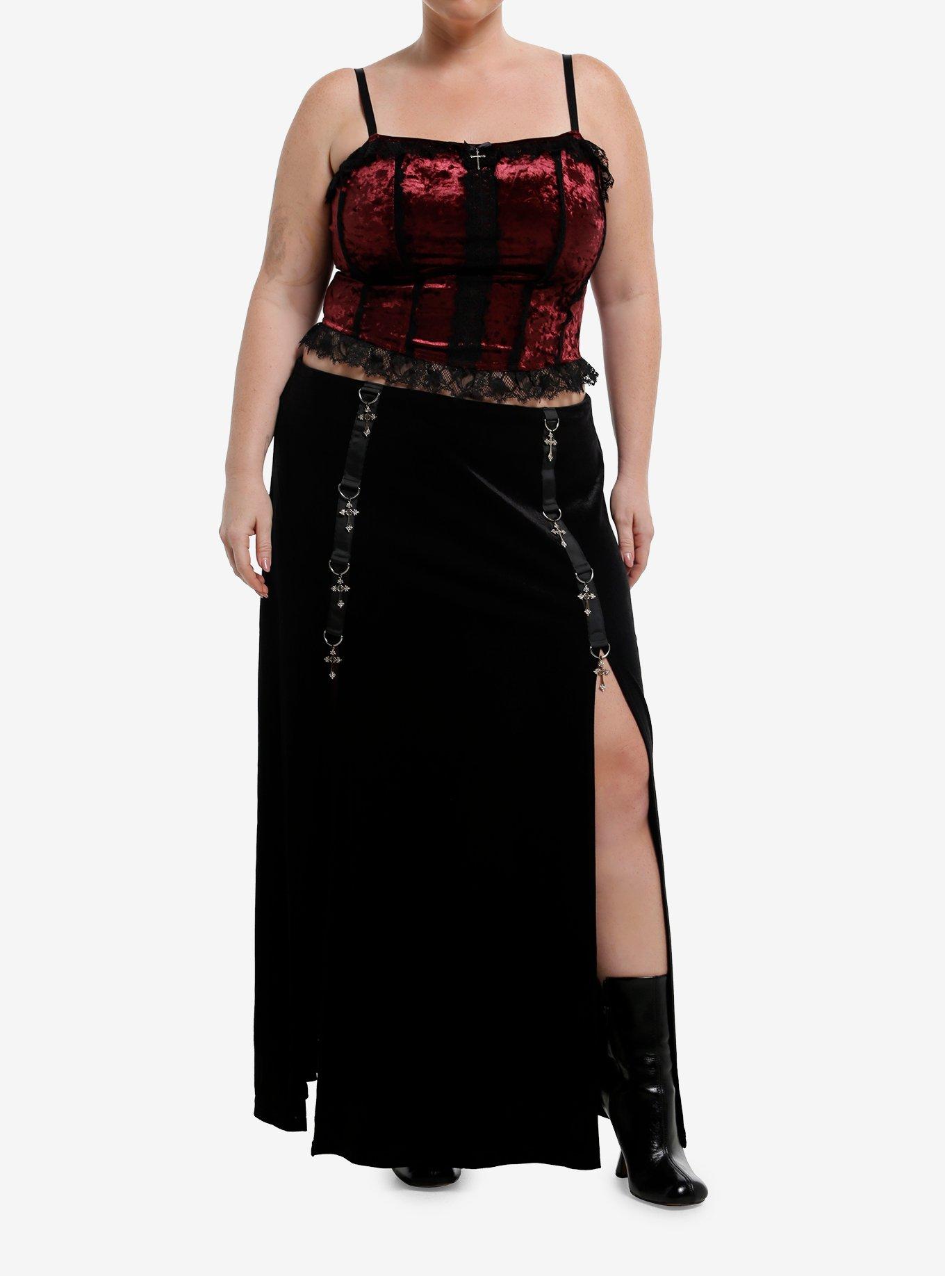 Cosmic Aura Black & Red Velvet Lace Girls Corset Cami Top Plus Size, , hi-res