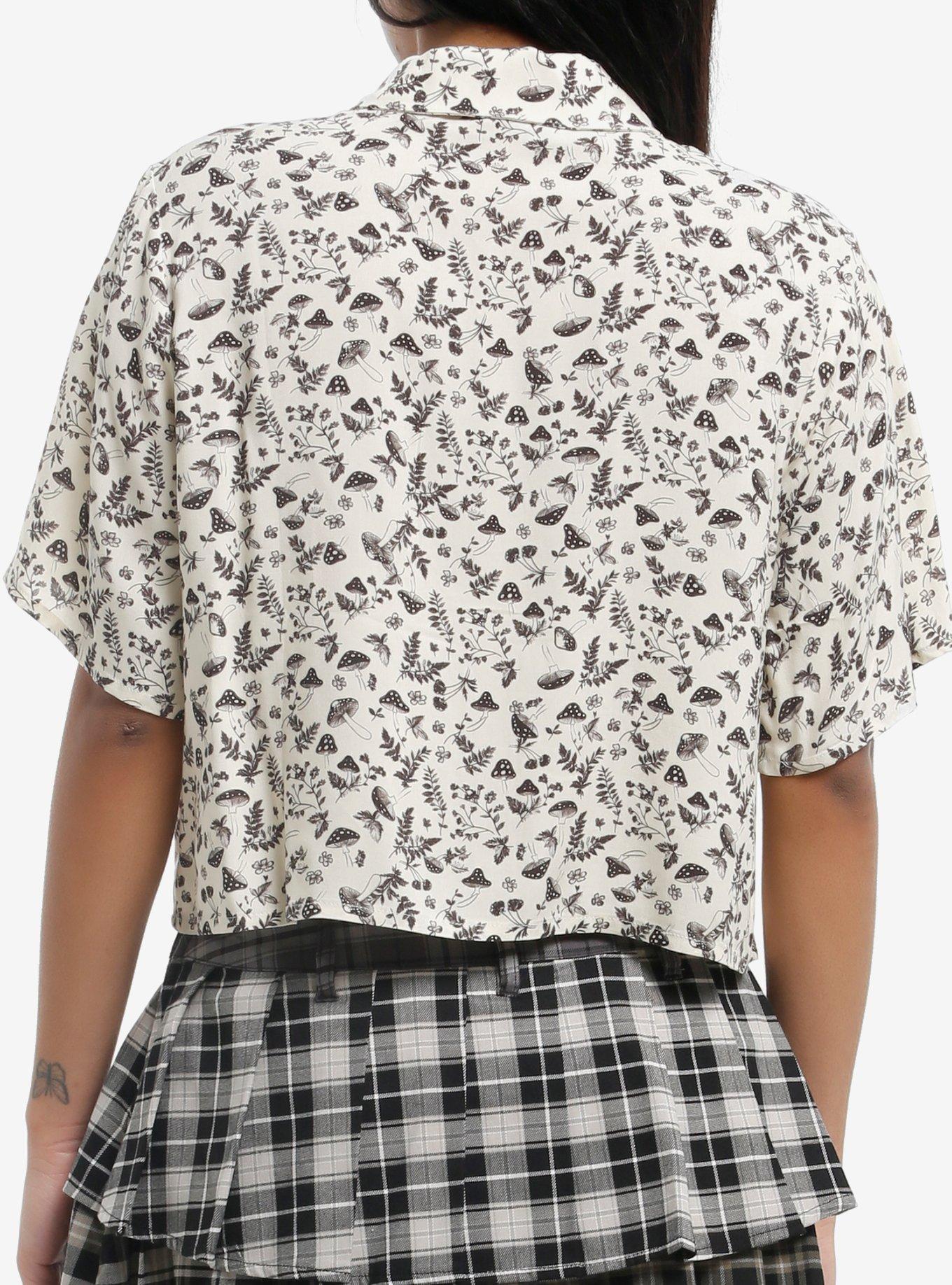 Thorn & Fable Mushroom Plants Girls Crop Woven Button-Up, BLACK, alternate