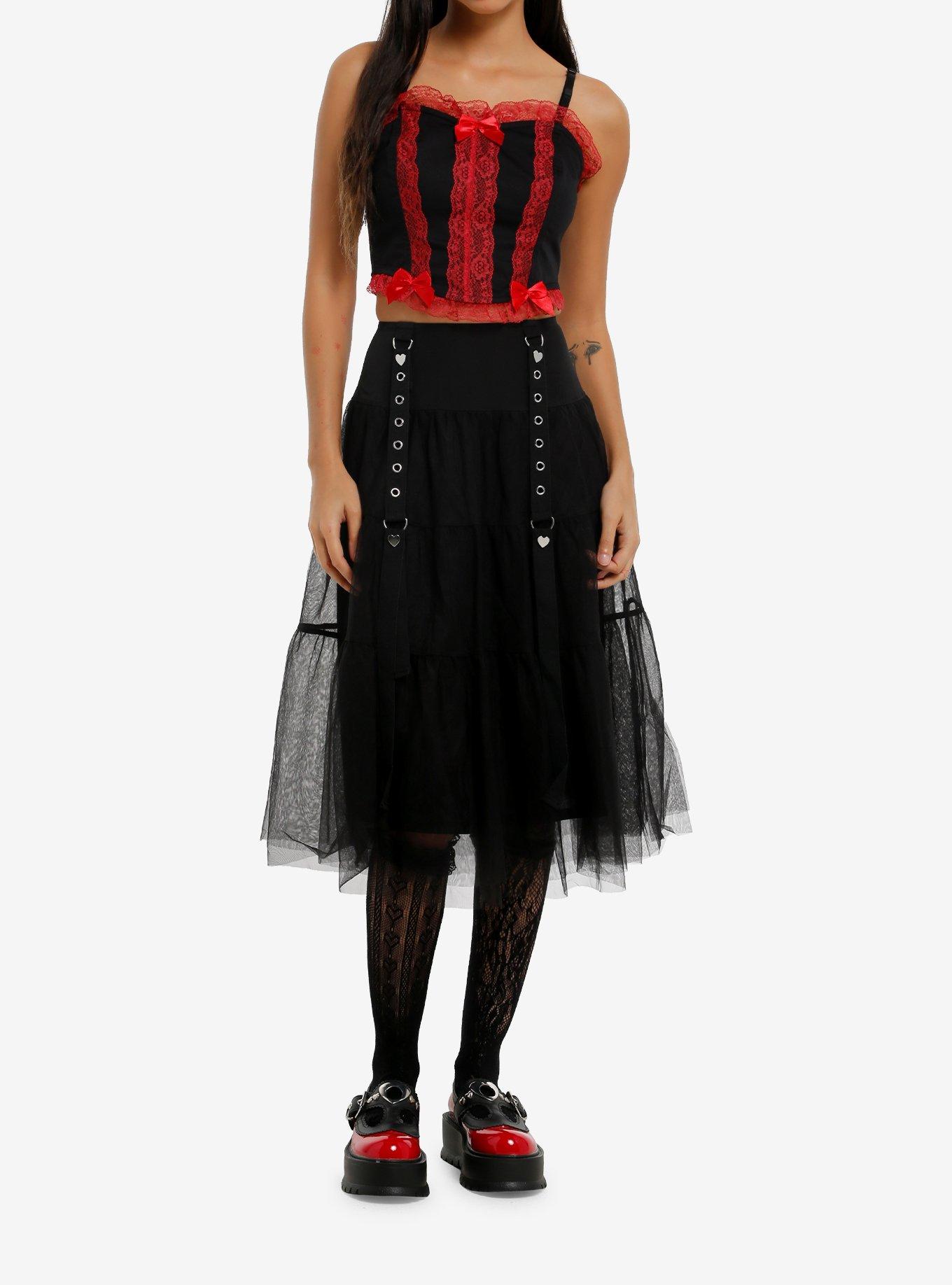 Social Collision Black & Red Lace Girls Crop Corset Top, , hi-res