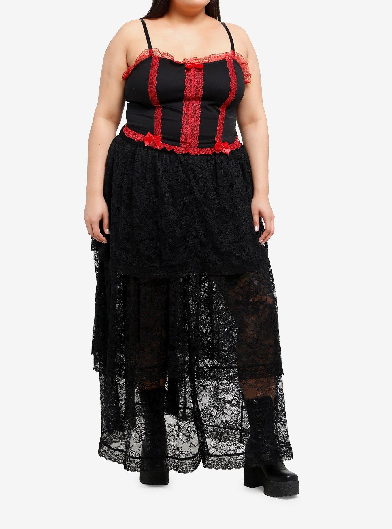 Social Collision Black & Red Lace Girls Crop Corset Top Plus Size, , hi-res