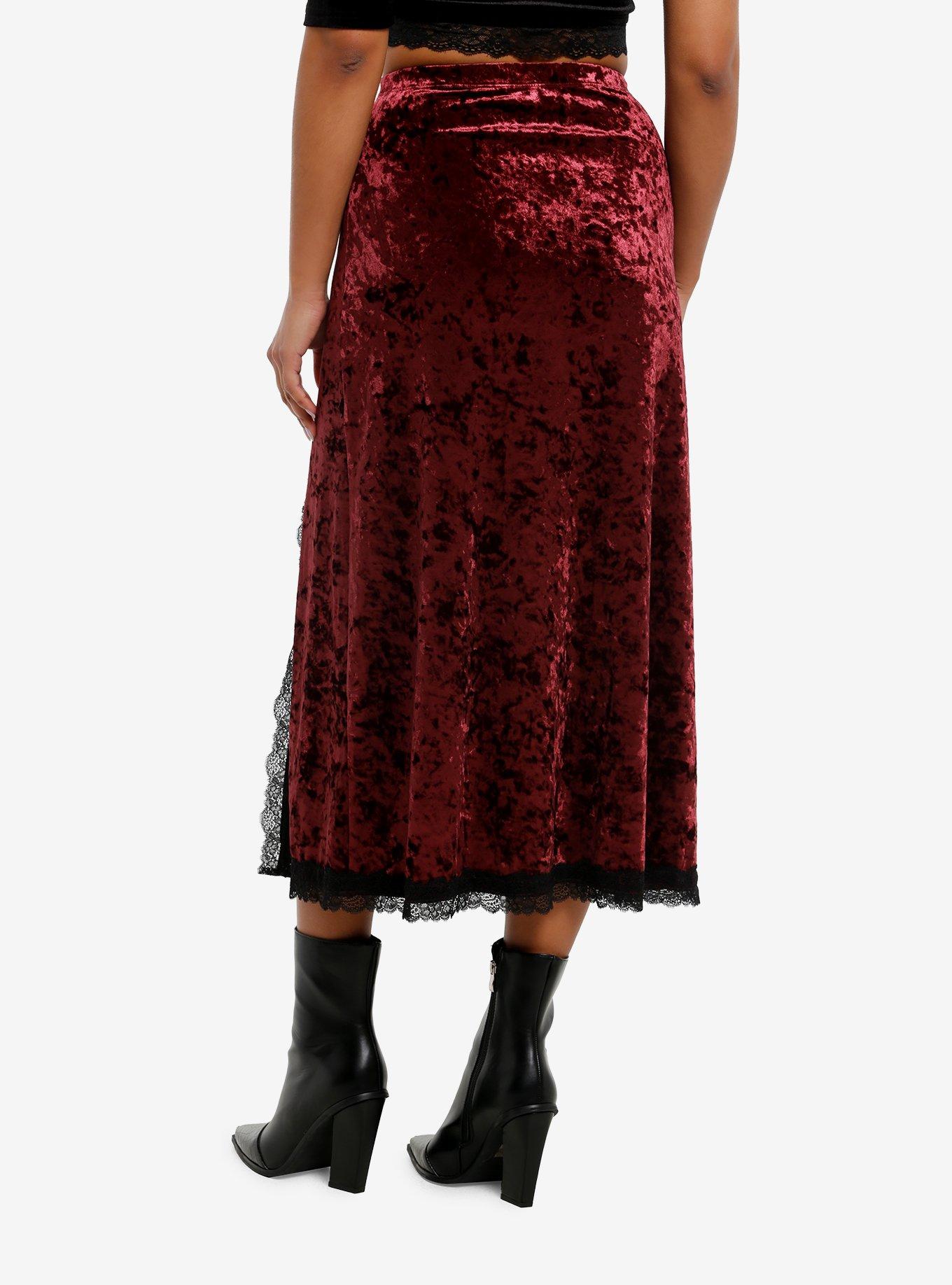 Cosmic Aura Burgundy Velvet Slit Midi Skirt, , hi-res