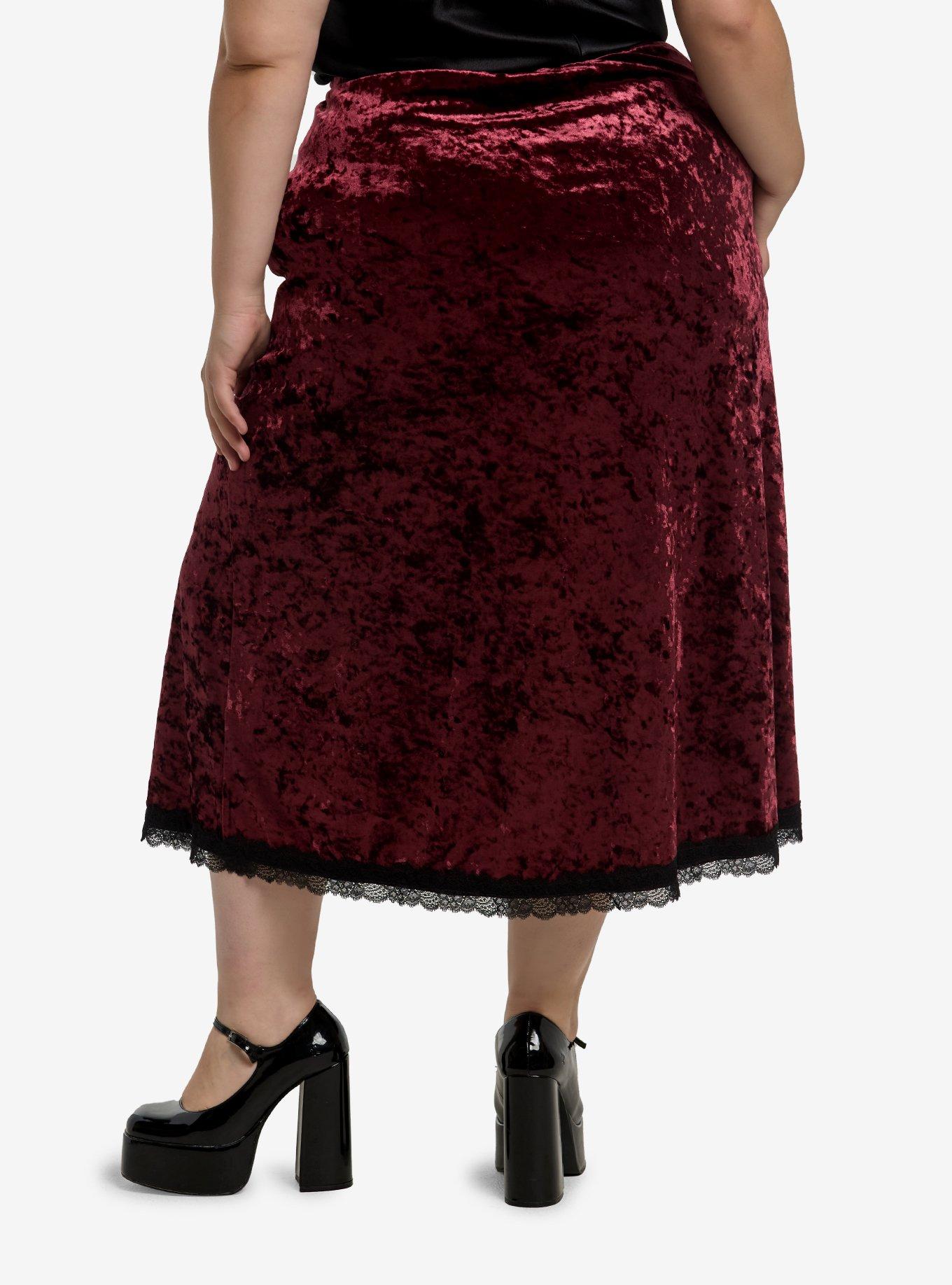Cosmic Aura Burgundy Velvet Slit Midi Skirt Plus Size, , hi-res
