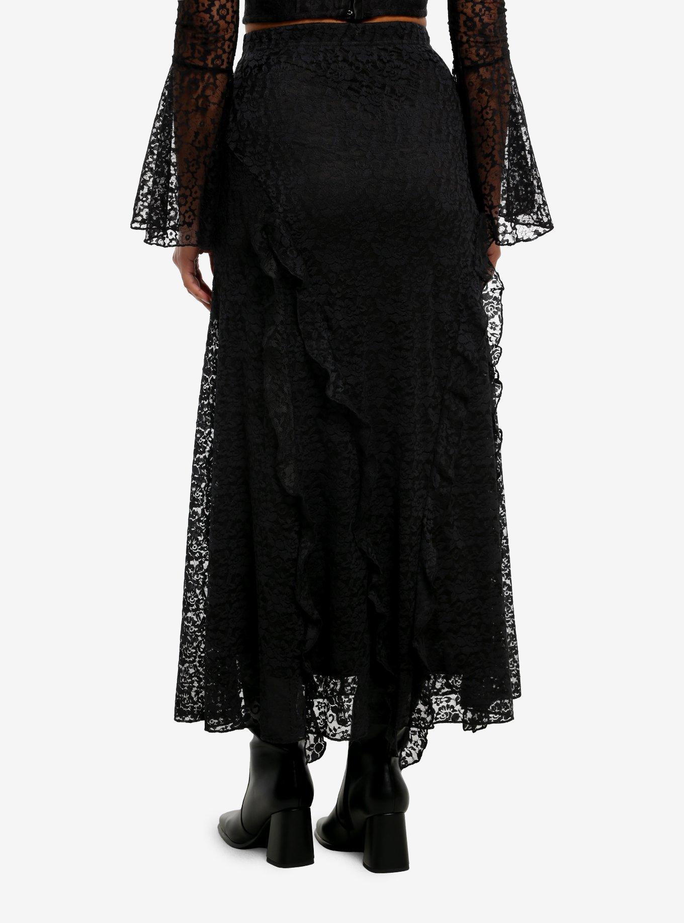 Cosmic Aura Black Lace Ruffle Midaxi Skirt, , hi-res
