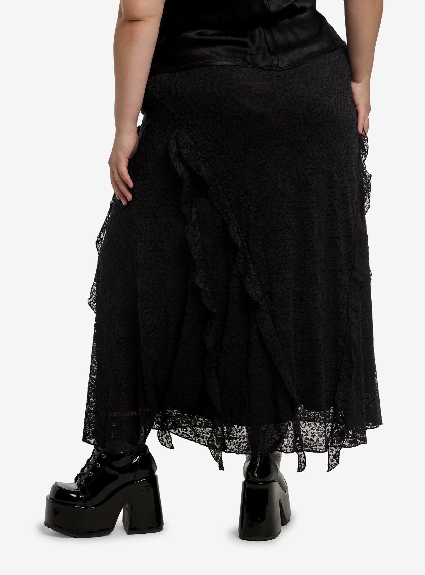 Cosmic Aura Black Lace Ruffle Midaxi Skirt Plus Size, , hi-res