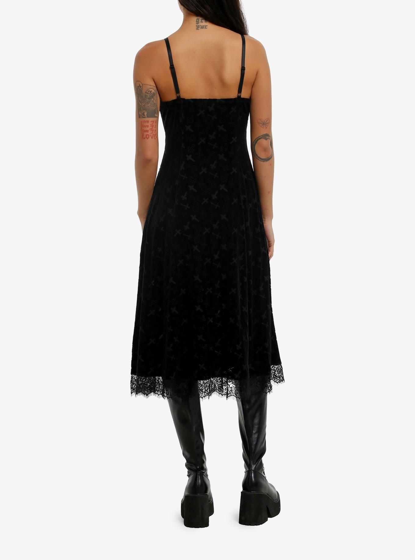 Cosmic Aura Black Velvet Cross Midi Slip Dress, , hi-res