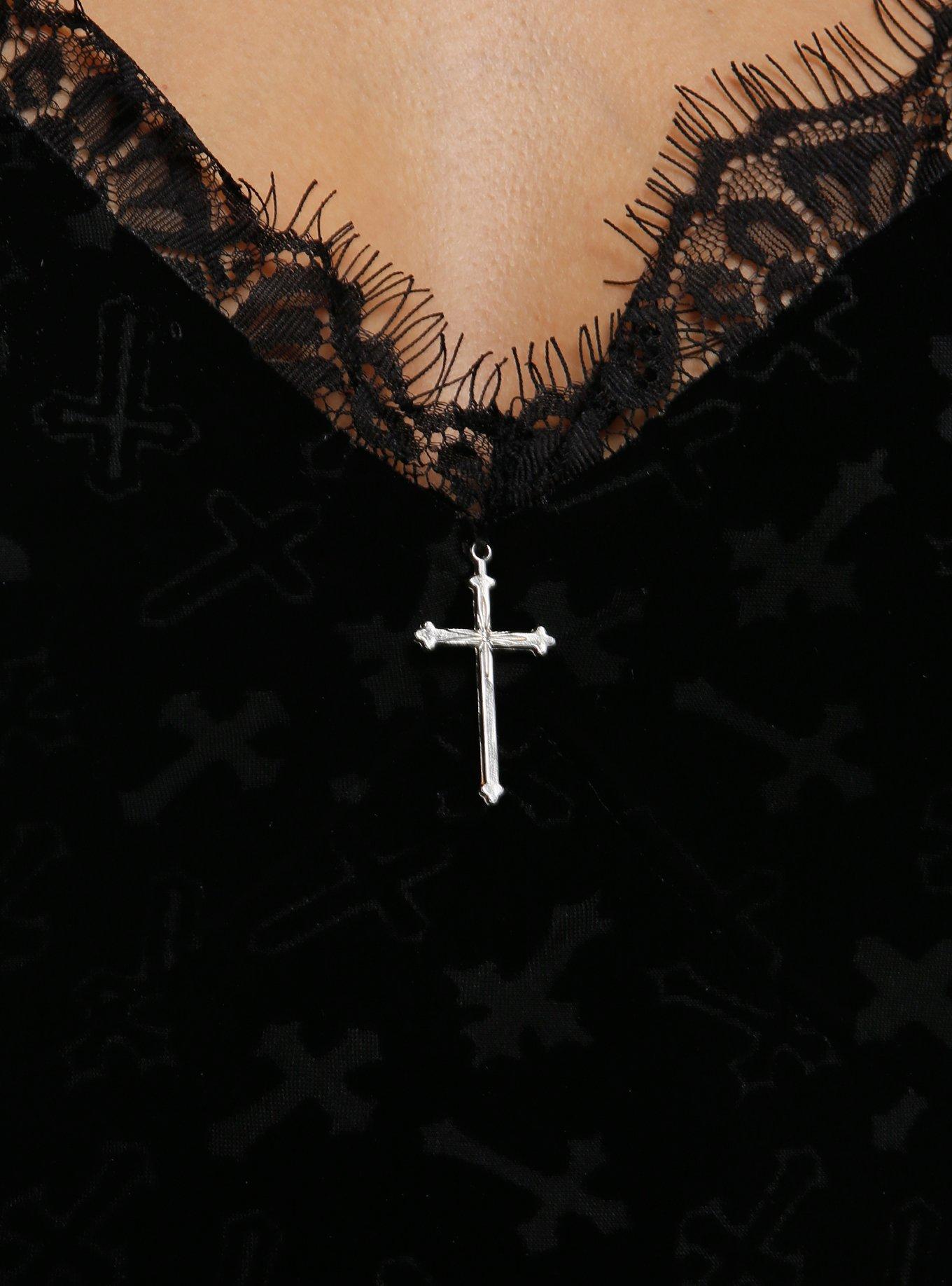 Cosmic Aura Black Velvet Cross Midi Slip Dress, BLACK, alternate