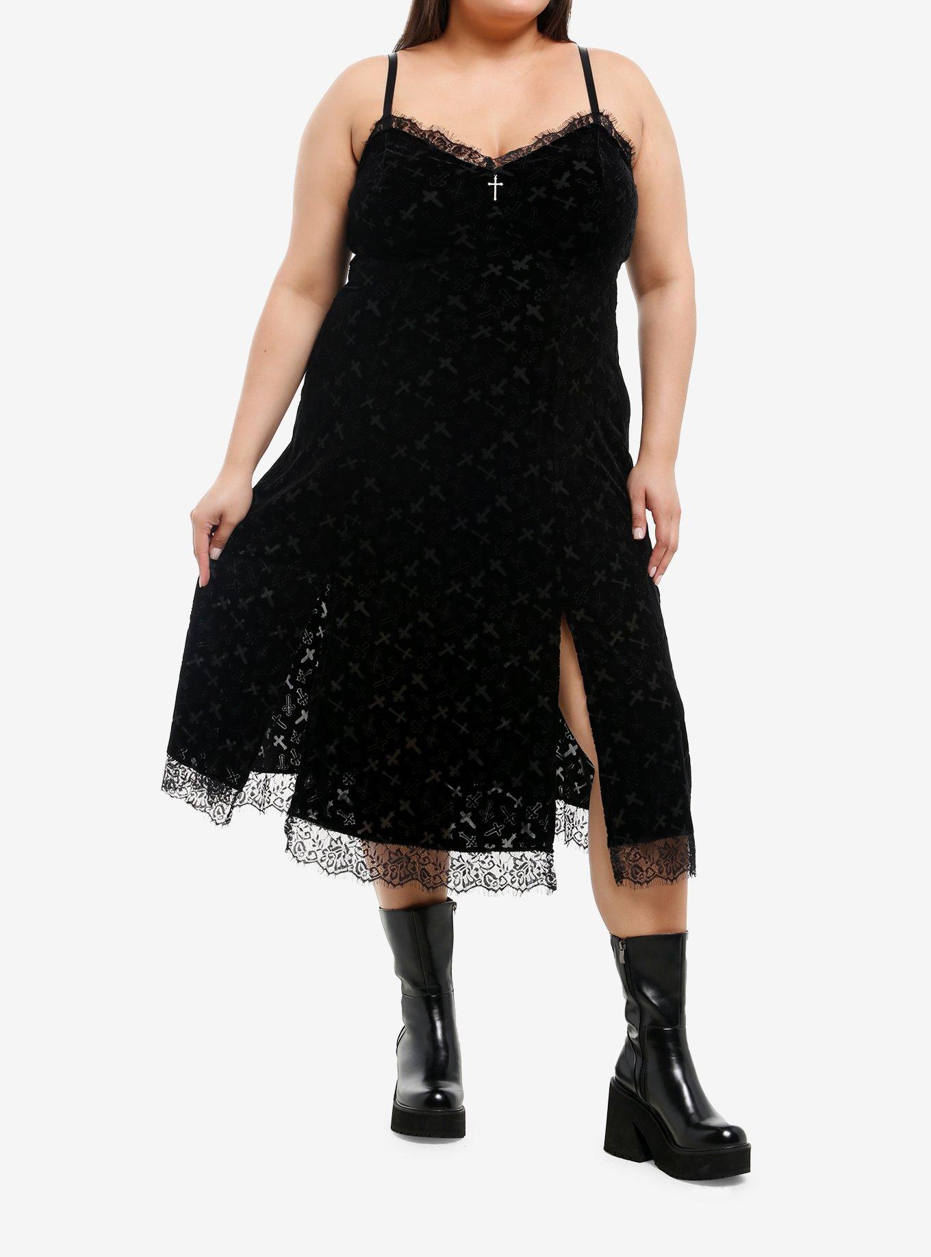 Cosmic Aura Black Velvet Cross Midi Slip Dress Plus Size, , hi-res