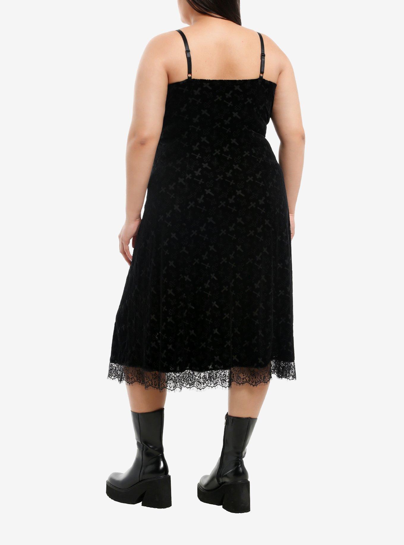 Cosmic Aura Black Velvet Cross Midi Slip Dress Plus Size, BLACK, alternate