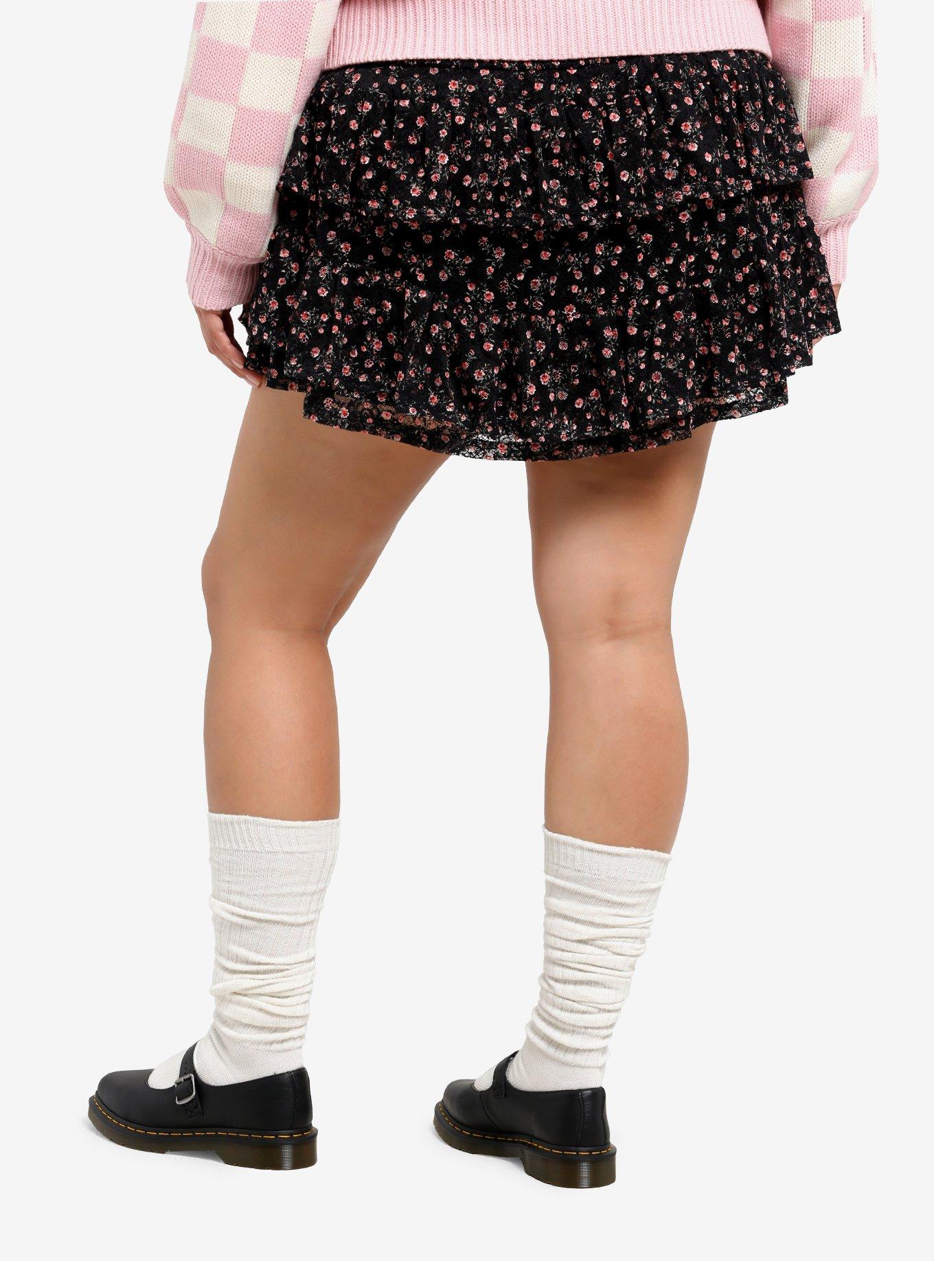 Sweet Society Black & Pink Rose Tiered Mini Skort Plus Size, , hi-res