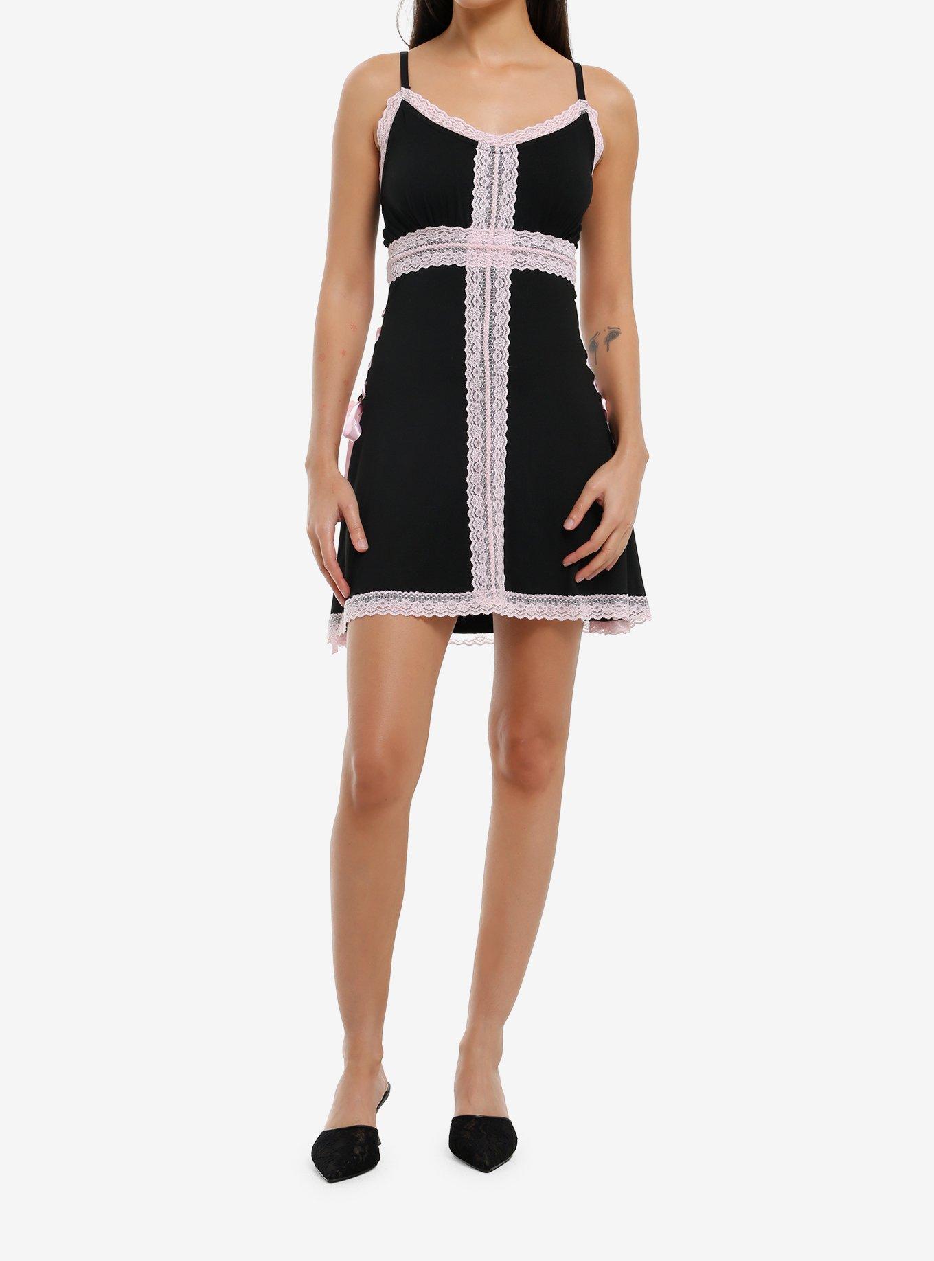 Sweet Society Black & Pink Lace Cami Dress, , hi-res