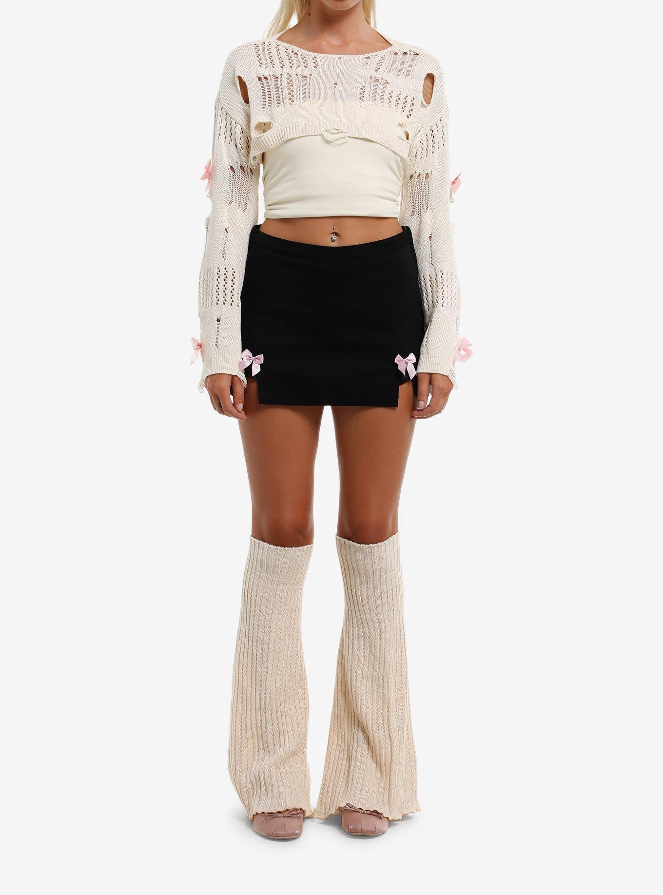 Sweet Society Distressed Cream Pink Ribbon Girls Knit Shrug, , hi-res