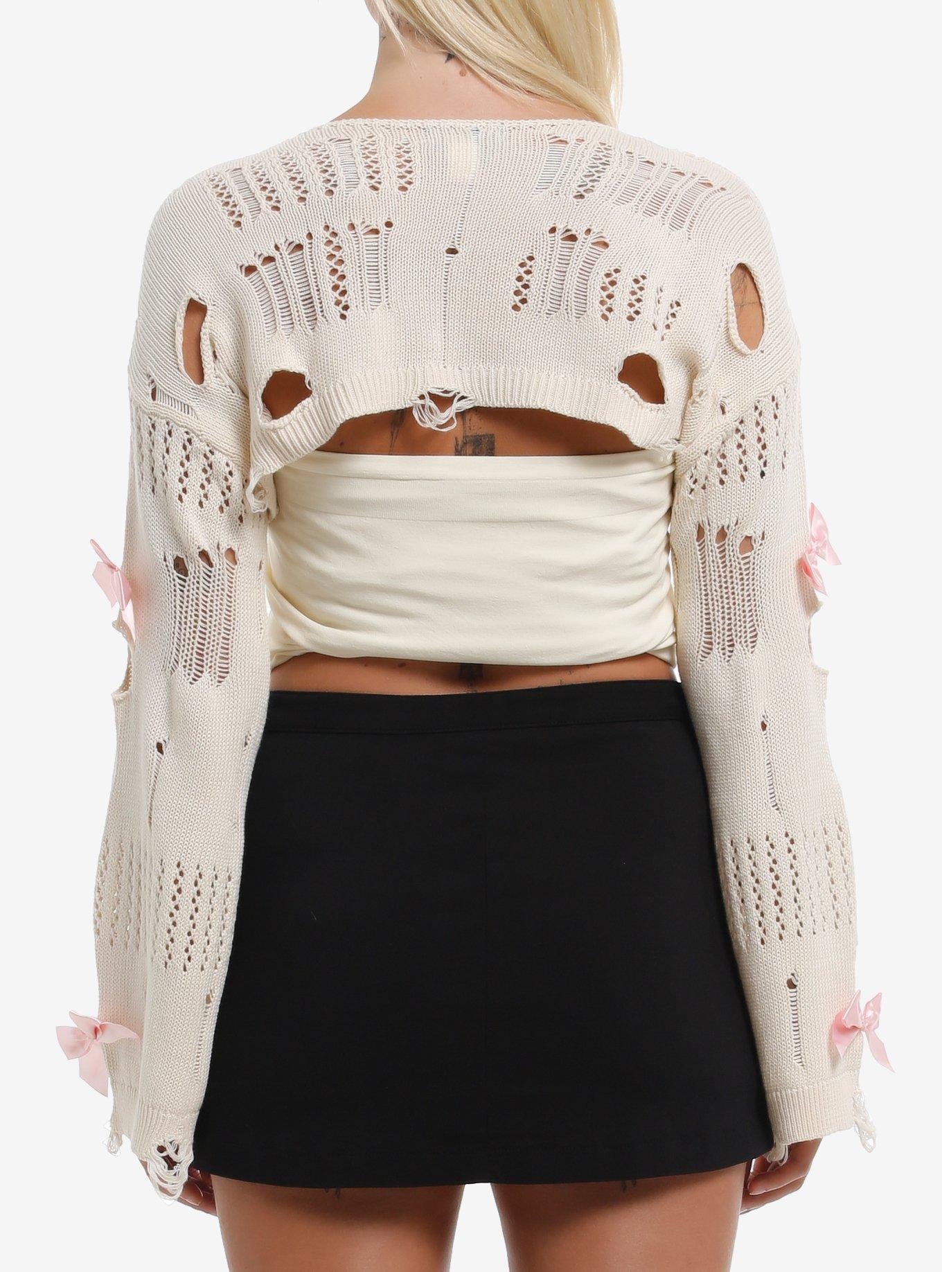 Sweet Society Distressed Cream Pink Ribbon Girls Knit Shrug, PINK, alternate