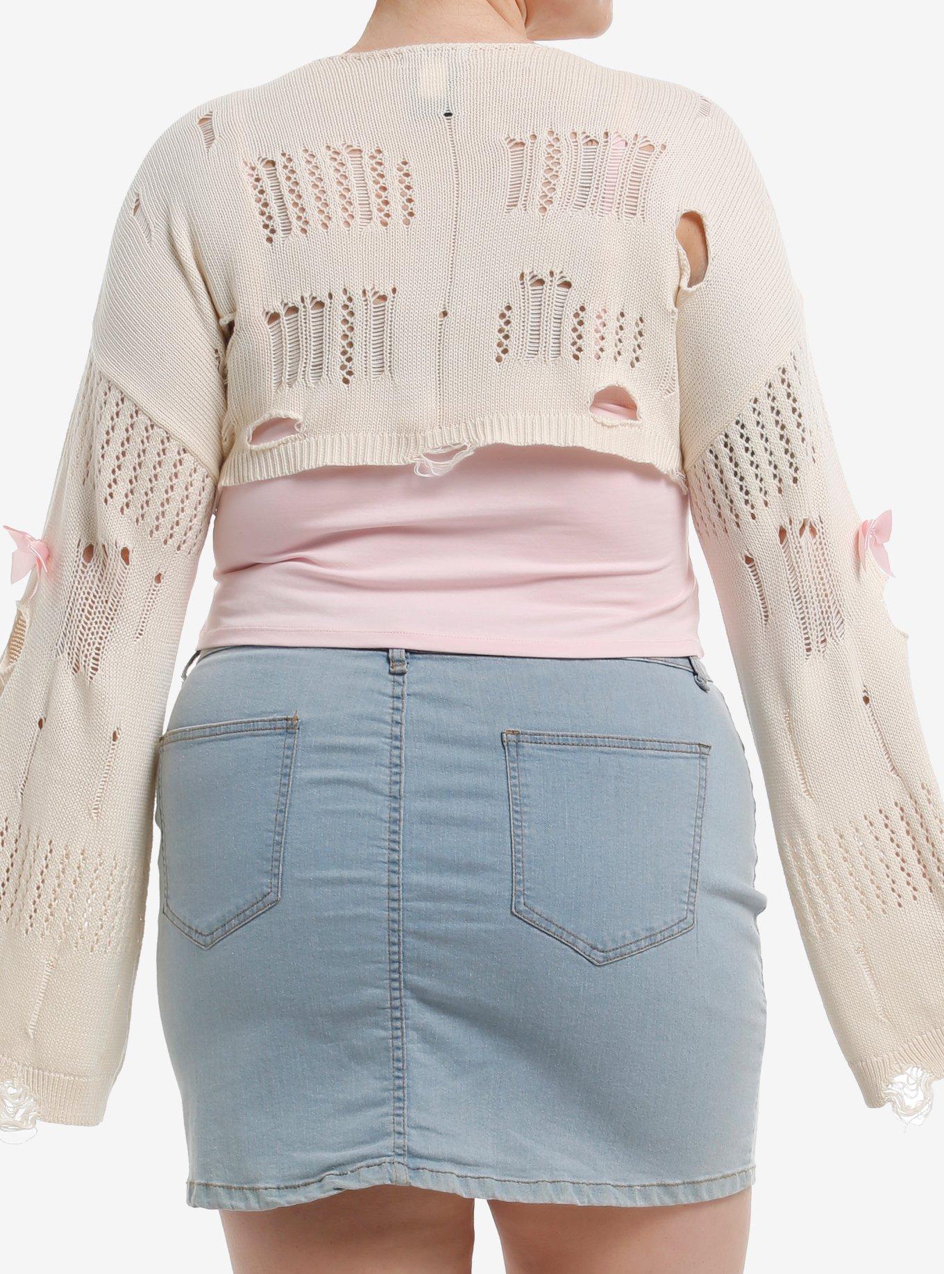 Sweet Society Distressed Cream Pink Ribbon Girls Knit Shrug Plus Size, , hi-res