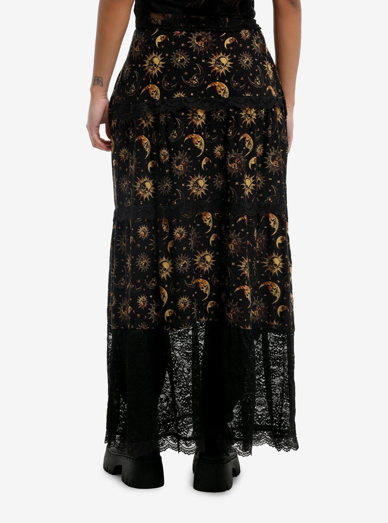 Cosmic Aura Black & Gold Celestial Lace Maxi Skirt, , hi-res