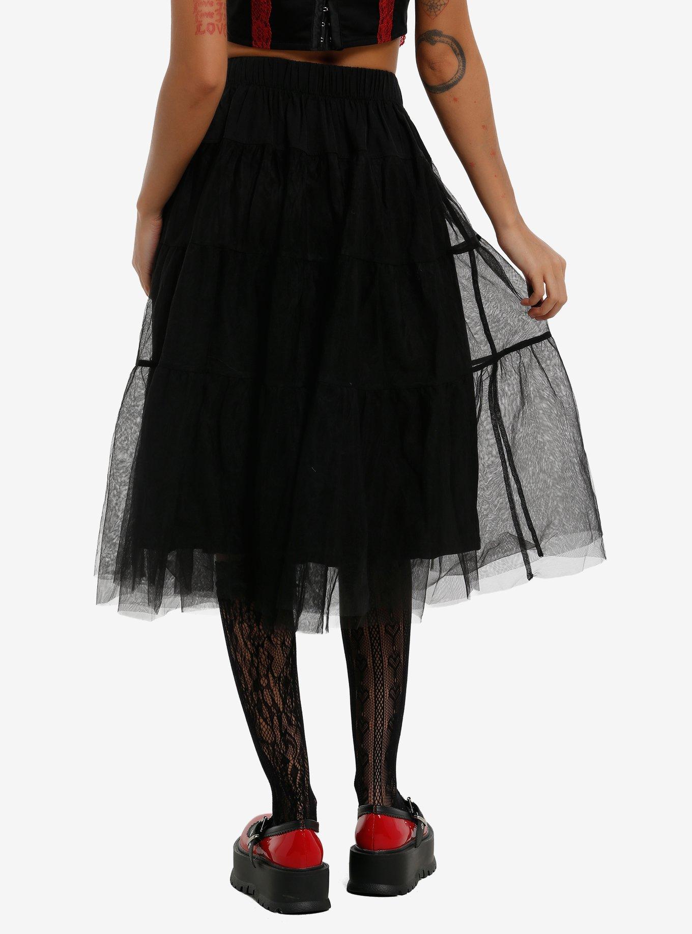 Black Grommet Strap Tiered Midi Skirt, , hi-res