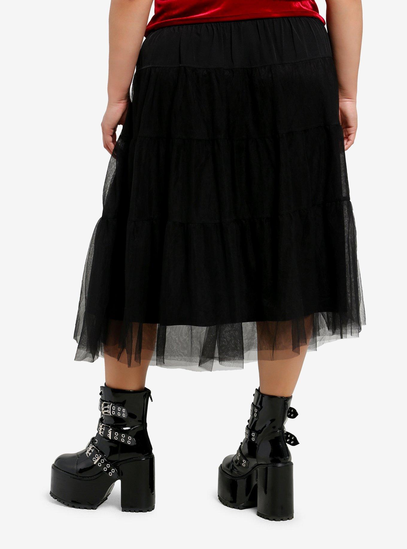 Black Grommet Strap Tiered Midi Skirt Plus Size, , hi-res