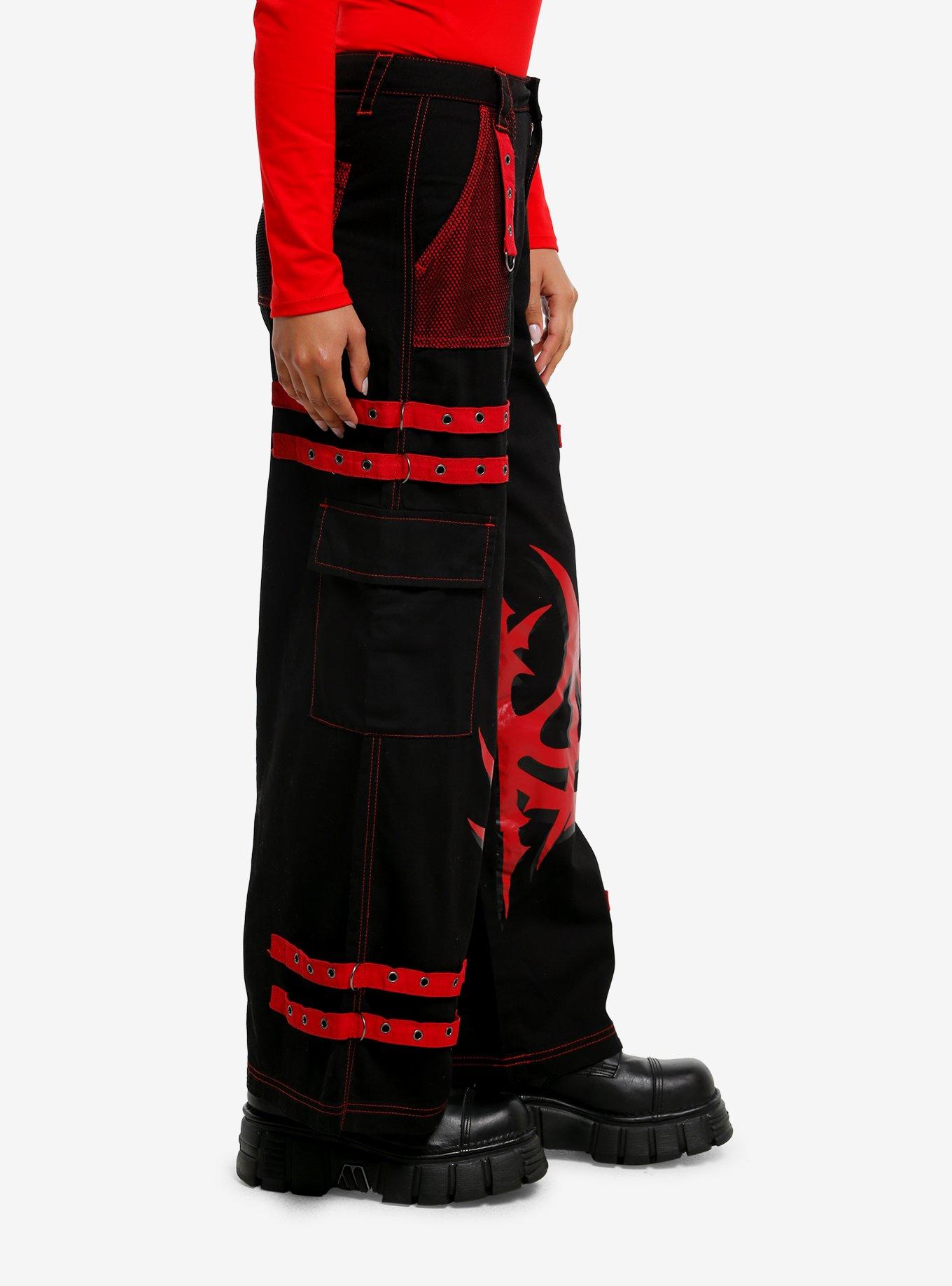 Black & Red Mesh Grommet Strap Wide Leg Carpenter Pants, RED, alternate