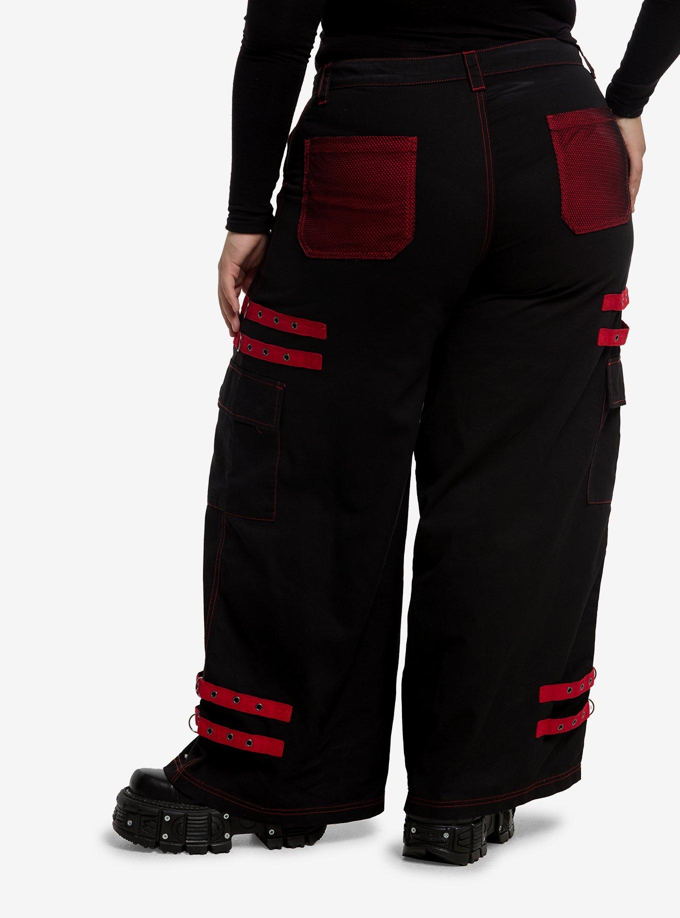 Black & Red Mesh Grommet Strap Wide Leg Carpenter Pants Plus Size, , hi-res