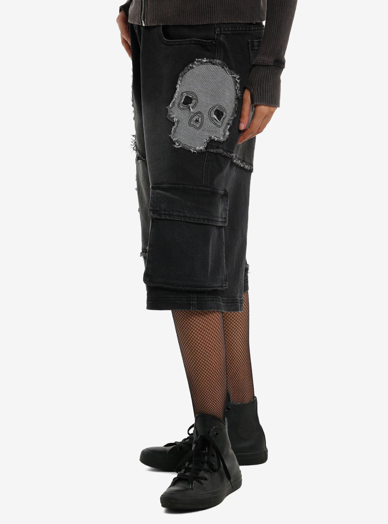 Frayed Skull Patch Cargo Jorts, BLACK, alternate