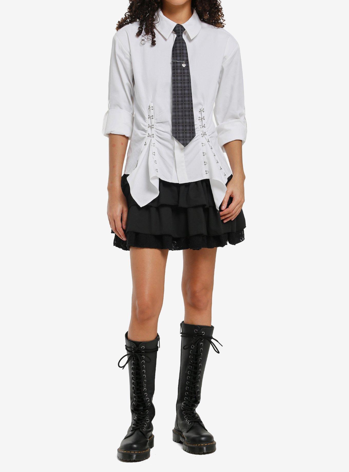 Social Collision Hook & Eye Girls Woven Button-Up With Plaid Tie, , hi-res