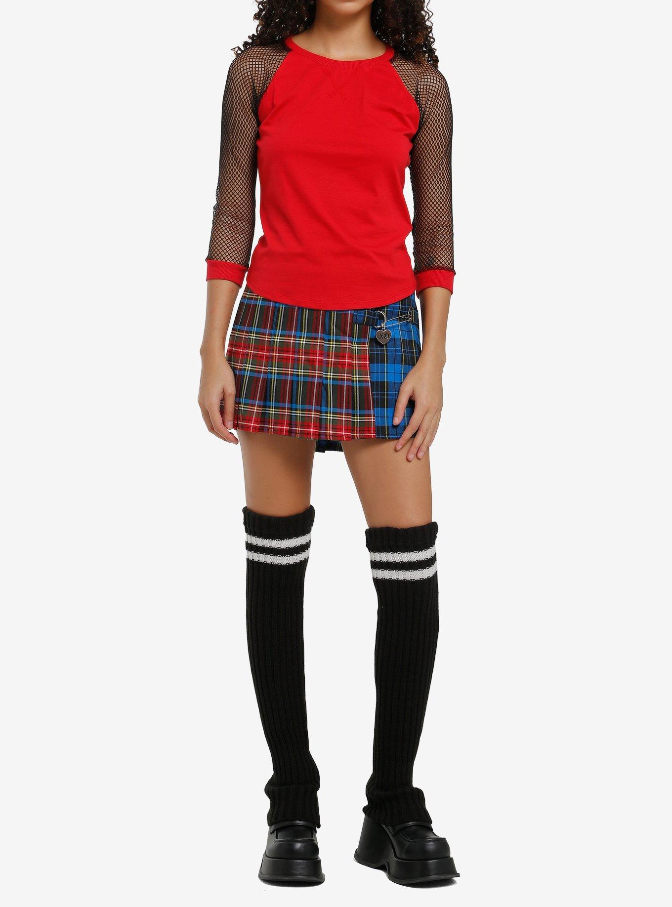 Social Collision Red & Black Fishnet Sleeve Girls Raglan T-Shirt, BLACK, alternate