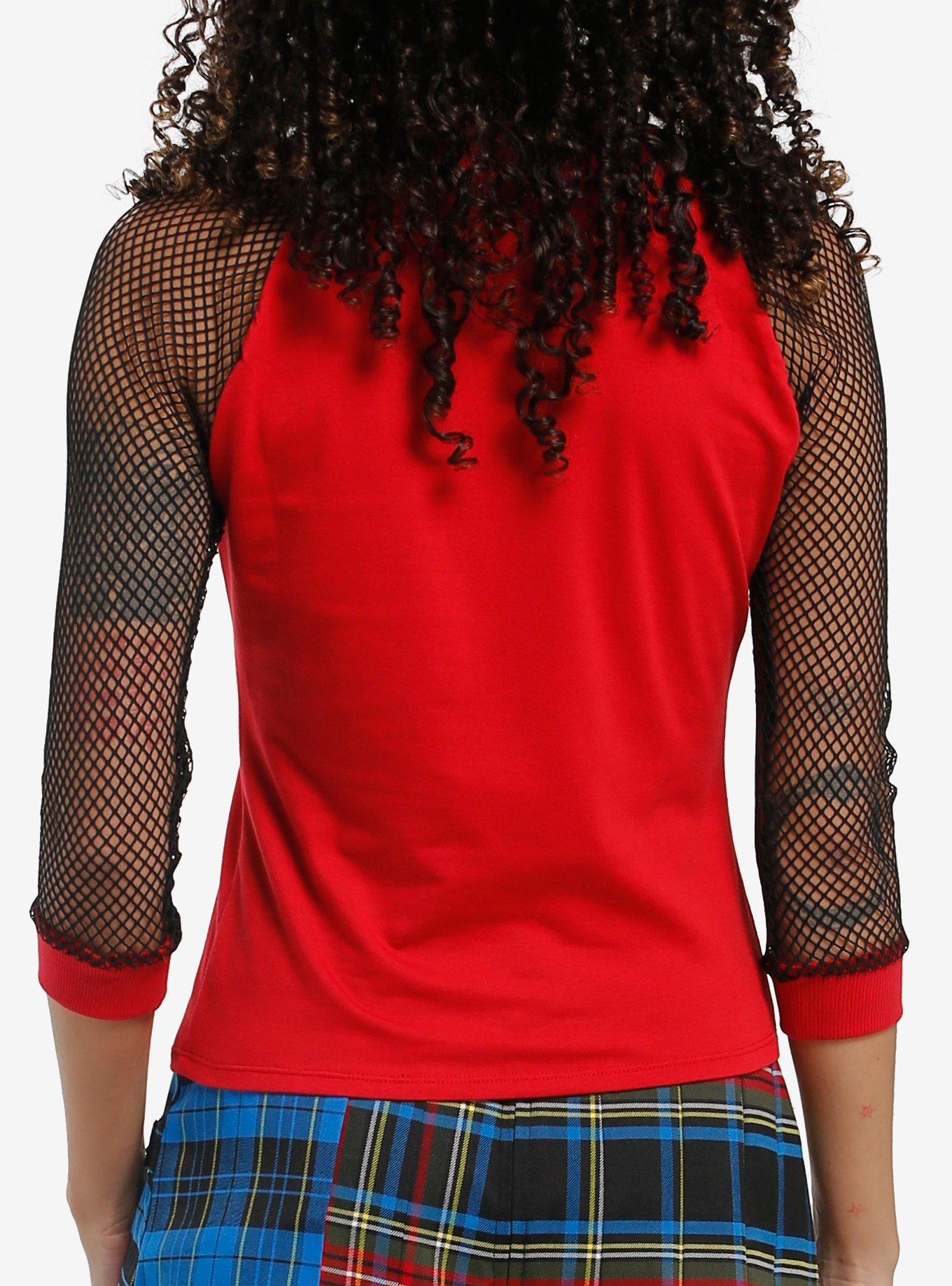 Social Collision Red & Black Fishnet Sleeve Girls Raglan T-Shirt, BLACK, alternate