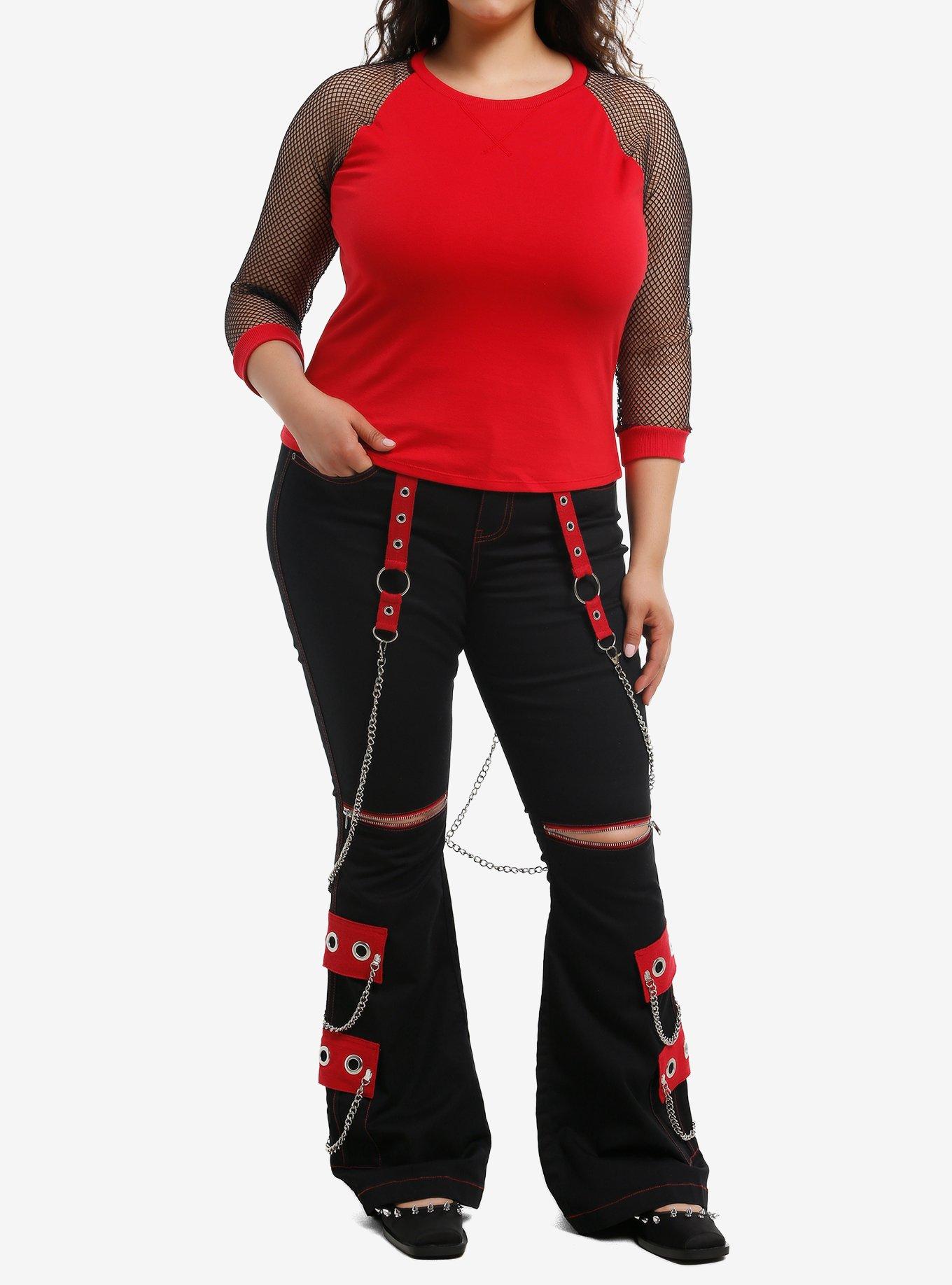 Social Collision Red & Black Fishnet Sleeve Girls Raglan T-Shirt Plus Size, , hi-res