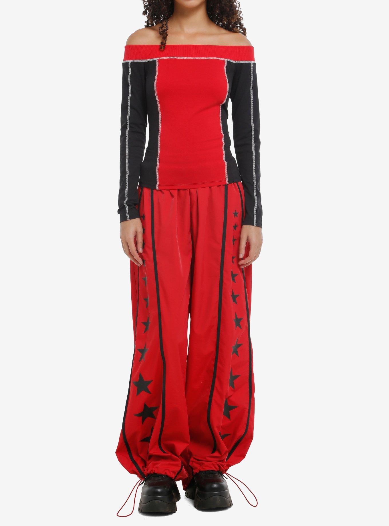 Social Collision Red & Black Off-Shoulder Girls Long-Sleeve Top, , hi-res