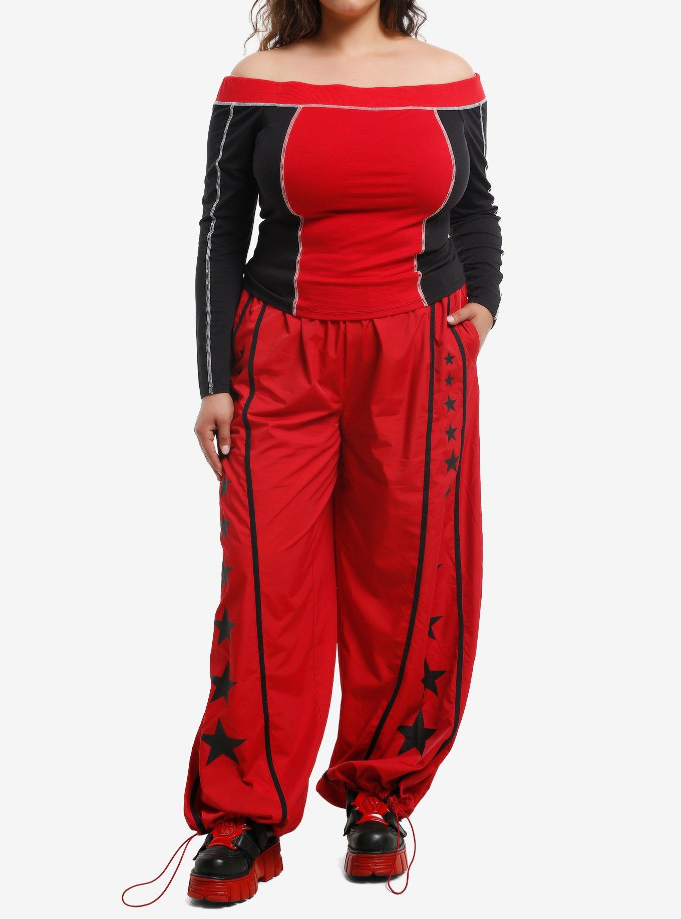 Social Collision Red & Black Off-Shoulder Girls Long-Sleeve Top Plus Size, , hi-res