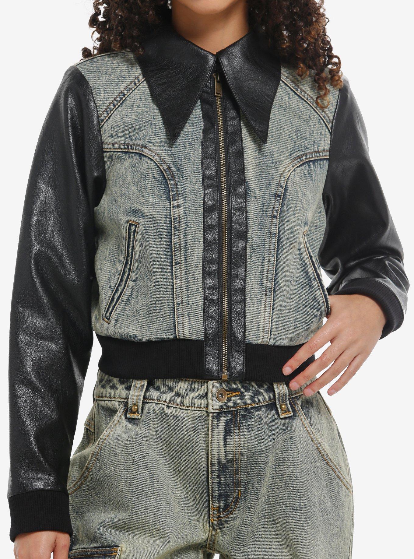 Social Collision Vintage Wash Denim & Black Faux Leather Girls Crop Jacket, , hi-res