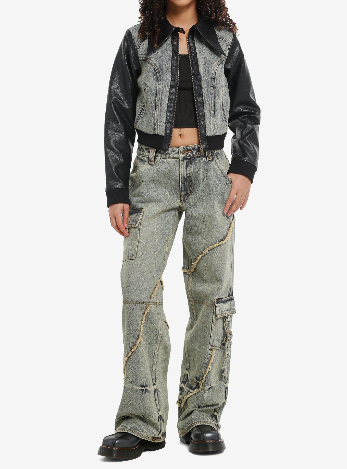 Social Collision Vintage Wash Denim & Black Faux Leather Girls Crop Jacket, BLACK, alternate