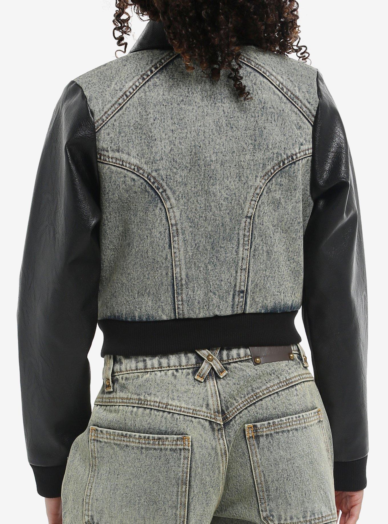 Social Collision Vintage Wash Denim & Black Faux Leather Girls Crop Jacket, BLACK, alternate