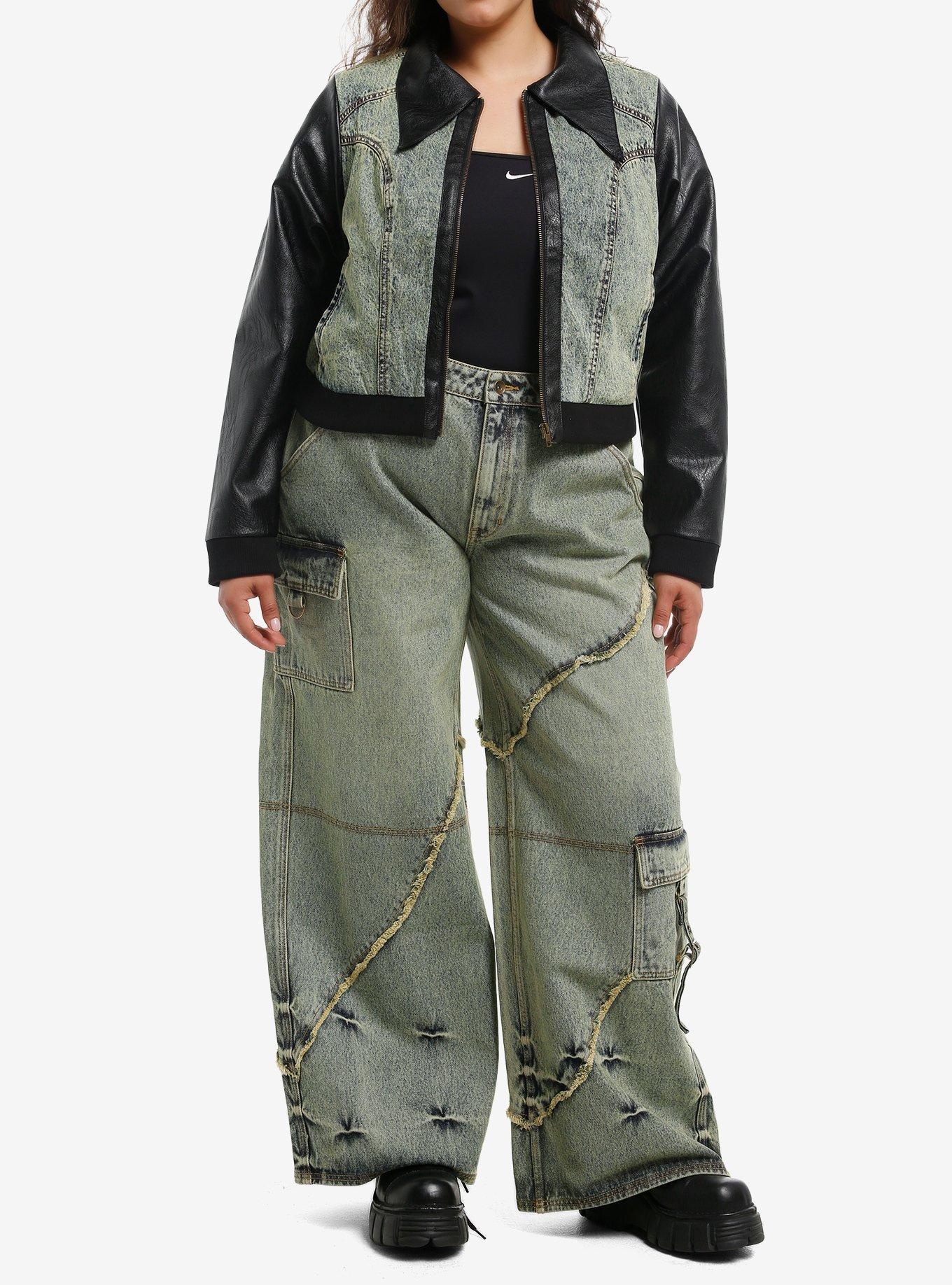 Social Collision Vintage Wash Denim & Black Faux Leather Girls Crop Jacket Plus Size, , hi-res