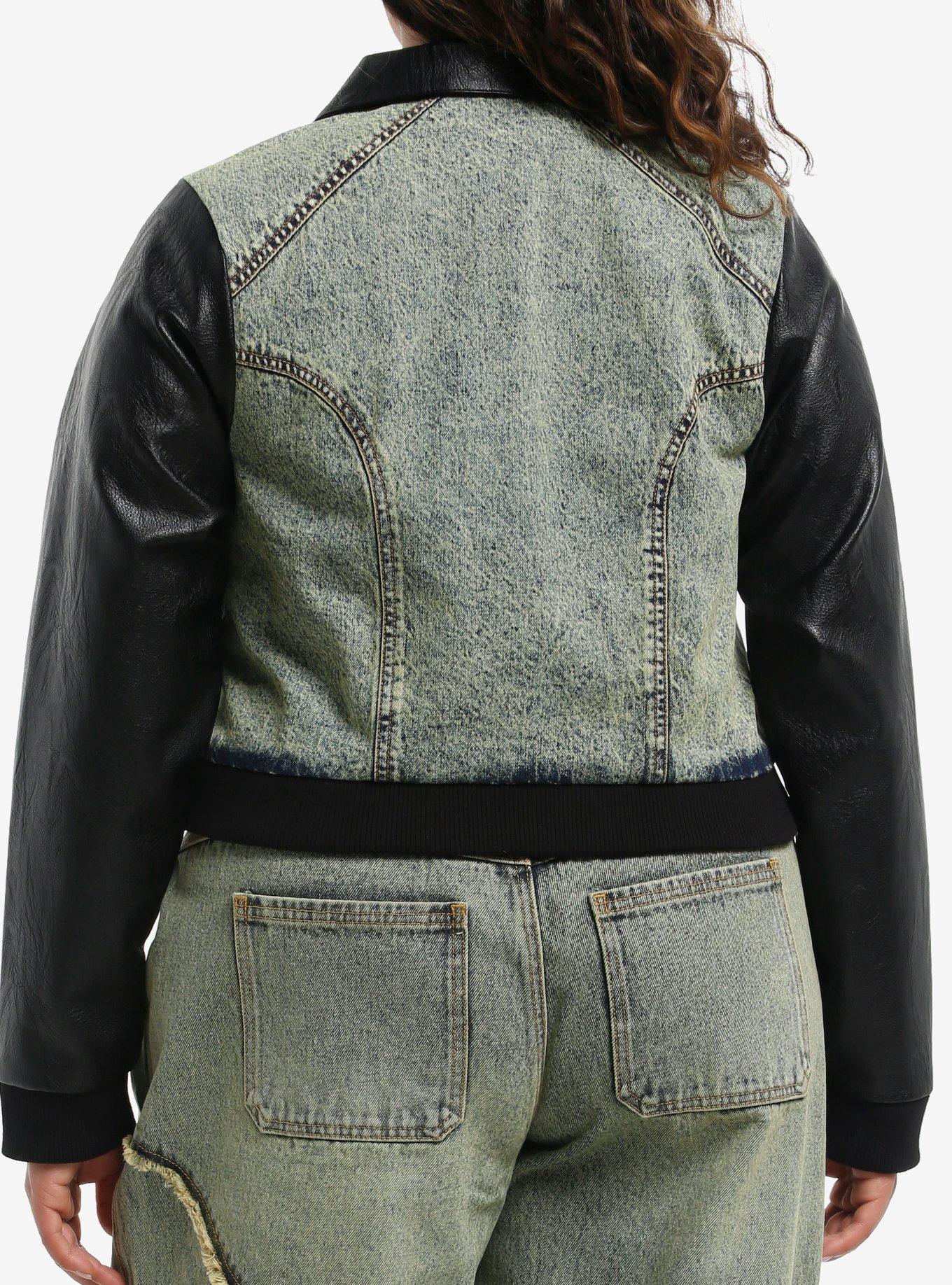 Social Collision Vintage Wash Denim & Black Faux Leather Girls Crop Jacket Plus Size, BLACK, alternate
