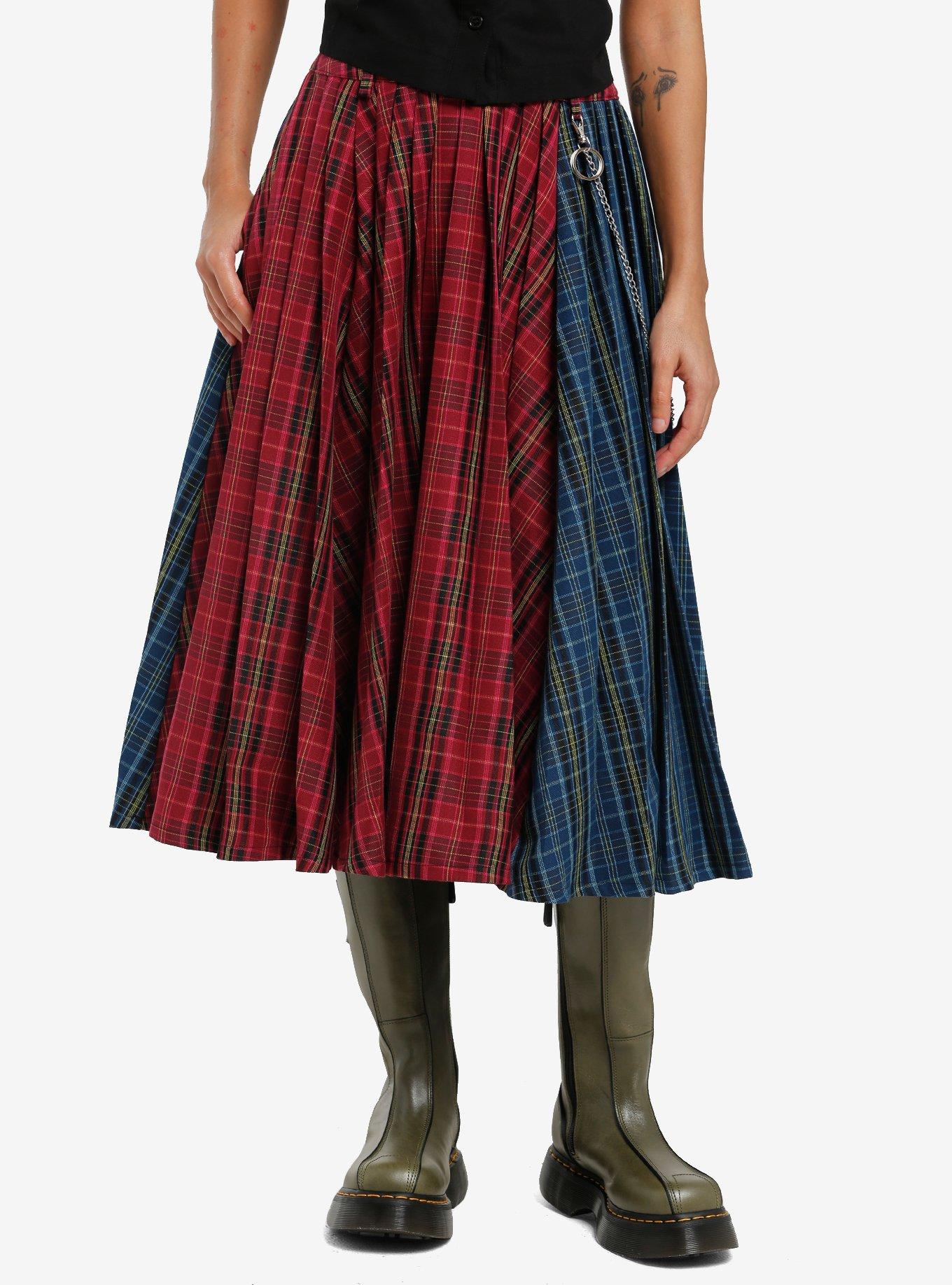 Social Collision Double Plaid Side Chain Midi Skirt With Belt, , hi-res