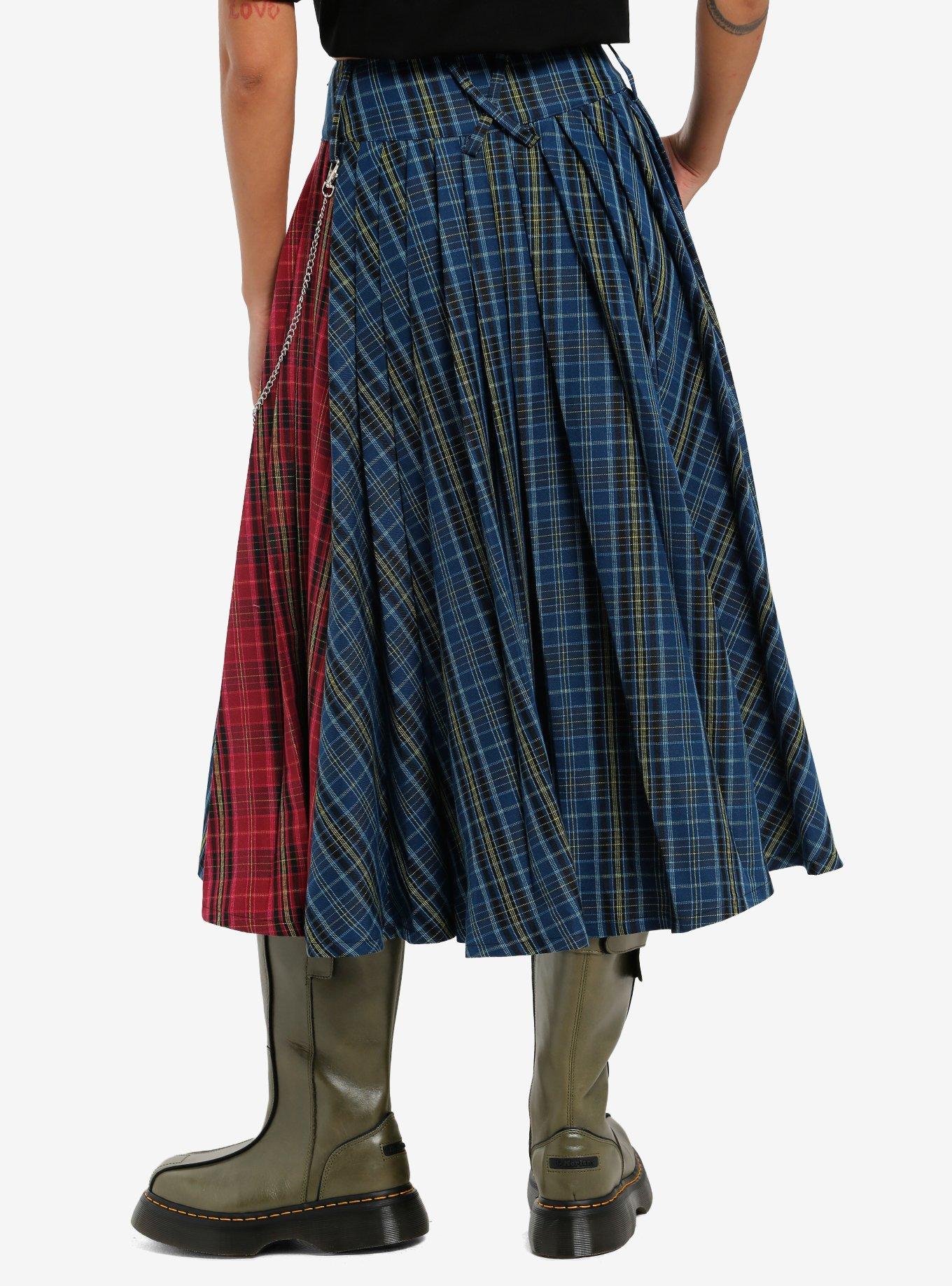 Social Collision Double Plaid Side Chain Midi Skirt With Belt, BLUE, alternate