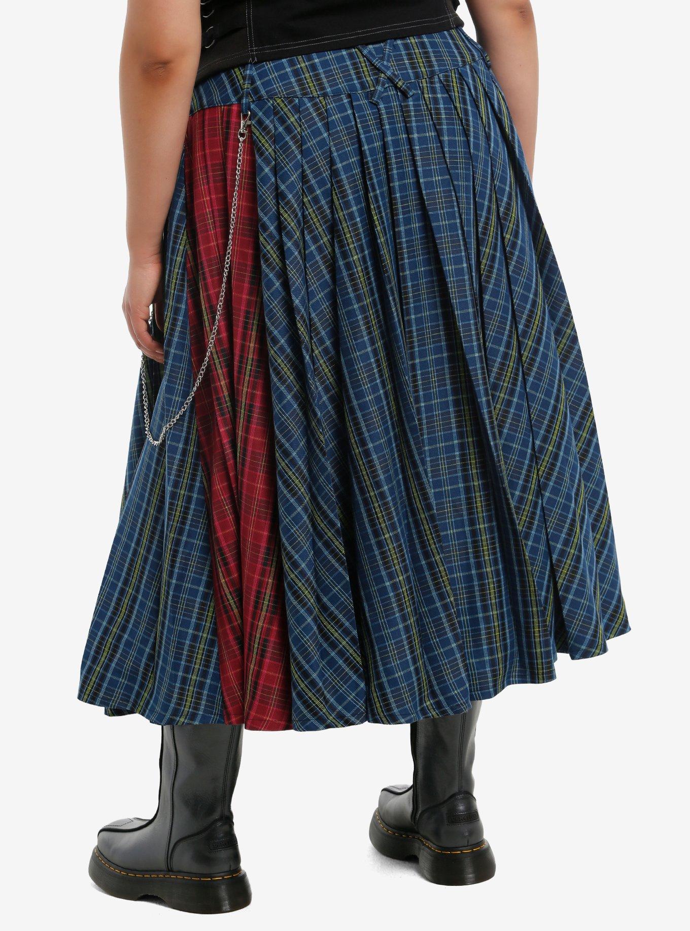Social Collision Double Plaid Side Chain Midi Skirt Plus Size, , hi-res