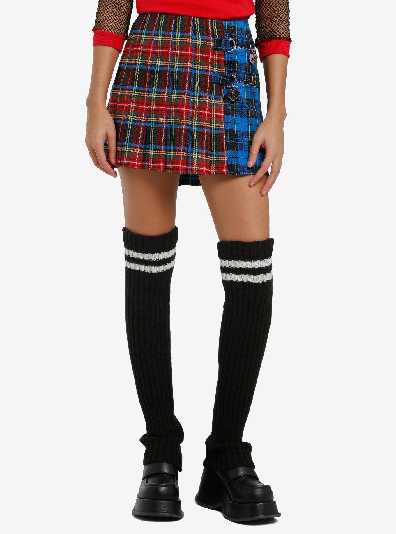 Social Collision Double Plaid Safety Pin Charm Pleated Skirt, , hi-res