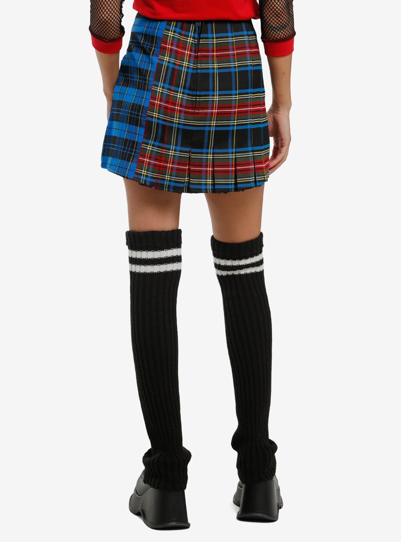 Social Collision Double Plaid Safety Pin Charm Pleated Skirt, BLUE, alternate