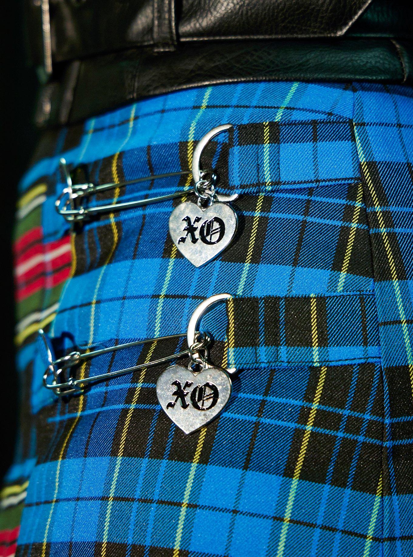 Social Collision Double Plaid Safety Pin Charm Pleated Skirt, BLUE, alternate