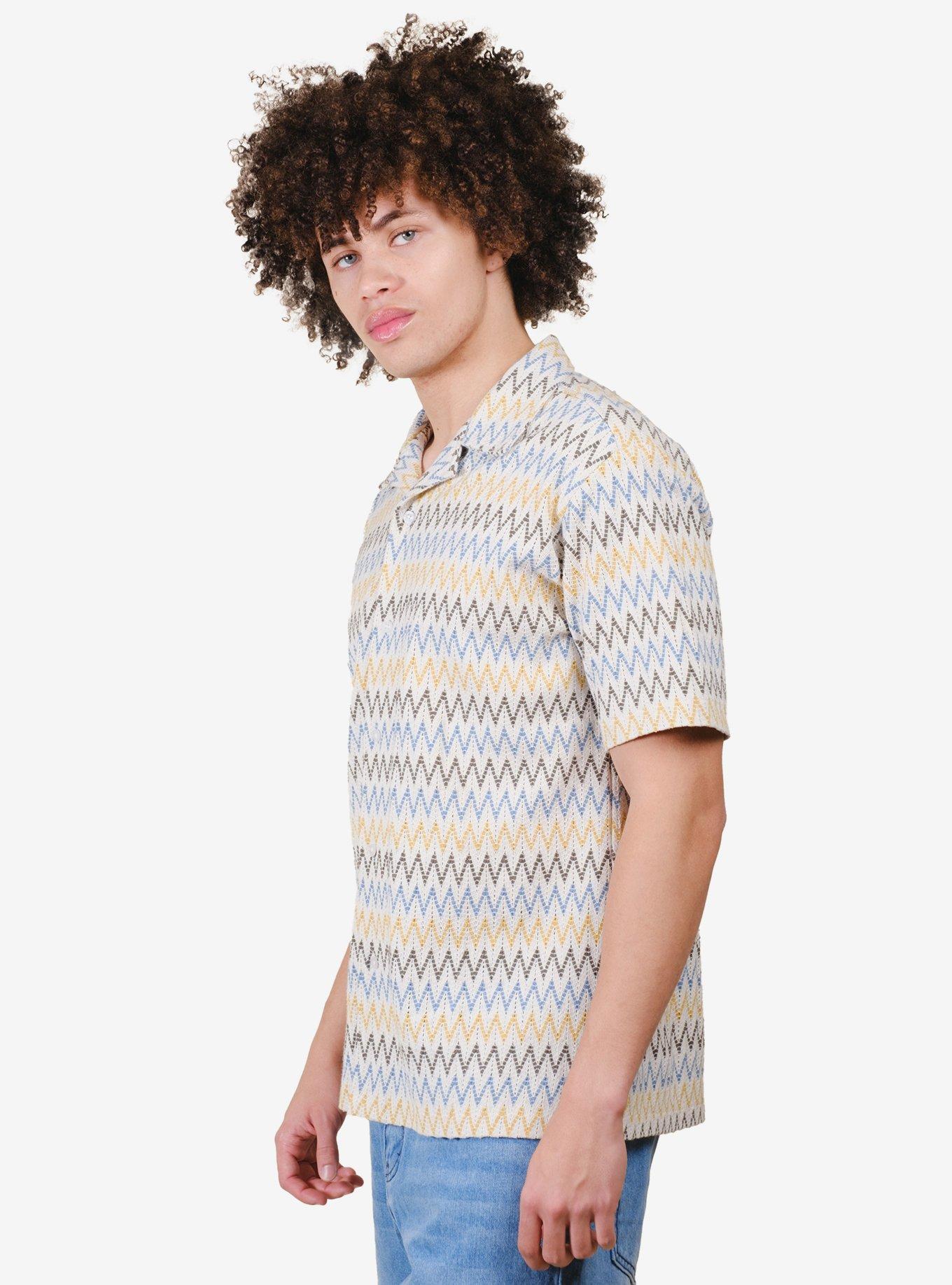 Zig Zag Knit Camp Collar Shirt White, BRIGHT WHITE, alternate