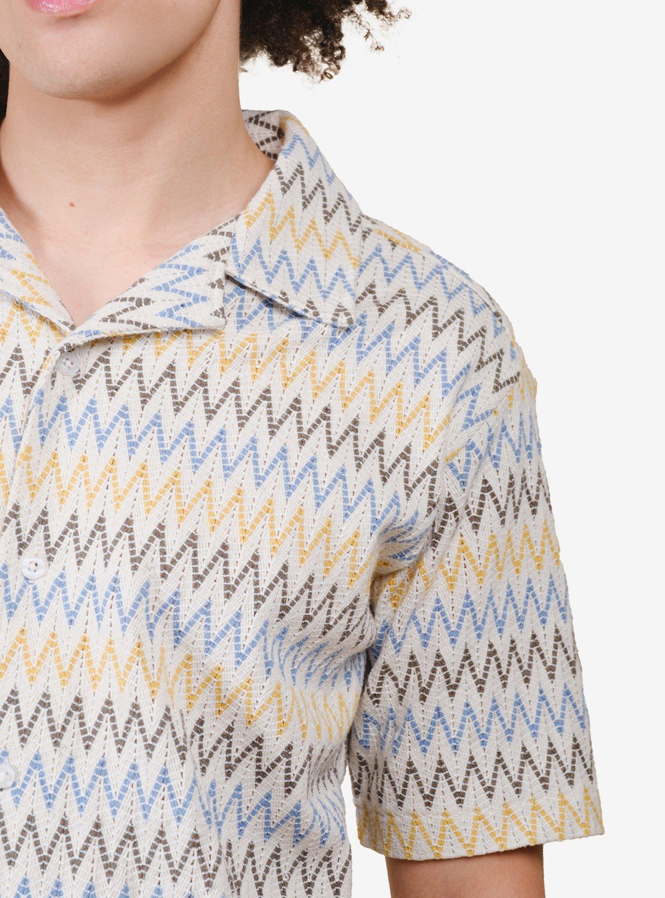 Zig Zag Knit Camp Collar Shirt White, BRIGHT WHITE, alternate